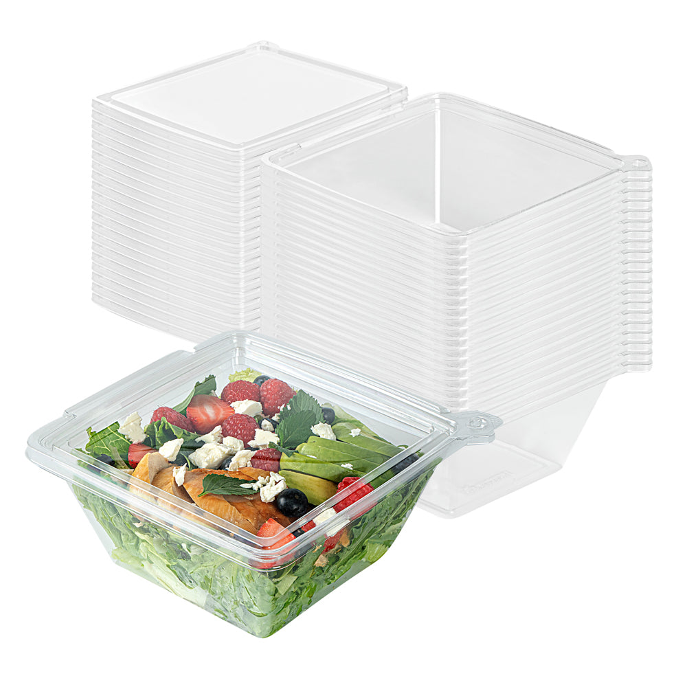 Tamper Tek 48 oz Square Clear Plastic Salad Bowl - with Lid, Tamper-Evident - 7 1/2" x 7 1/4" x 3 1/4" - 100 count box