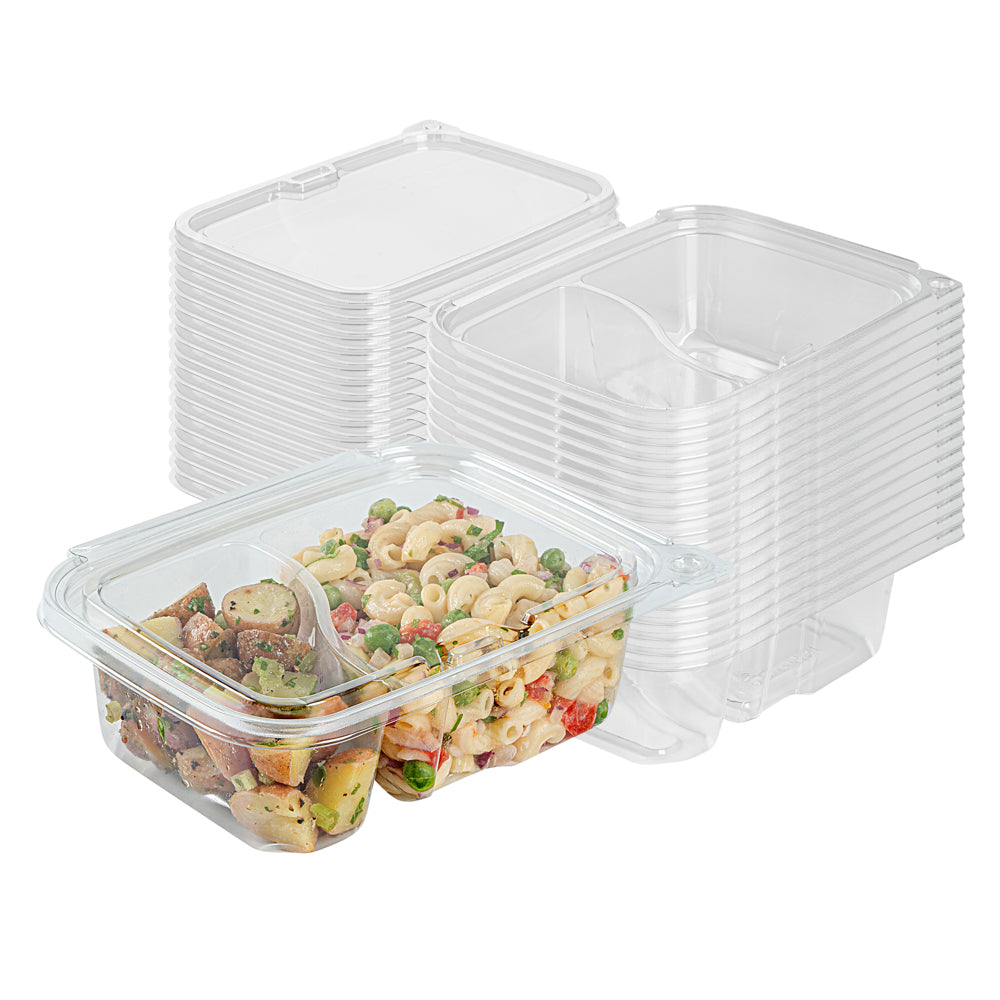 Tamper Tek 24 oz Rectangle Clear Plastic Container - with Lid, Tamper-Evident, 2 Compartments - 7 1/4" x 5 1/2" x 2 1/4" - 100 count box