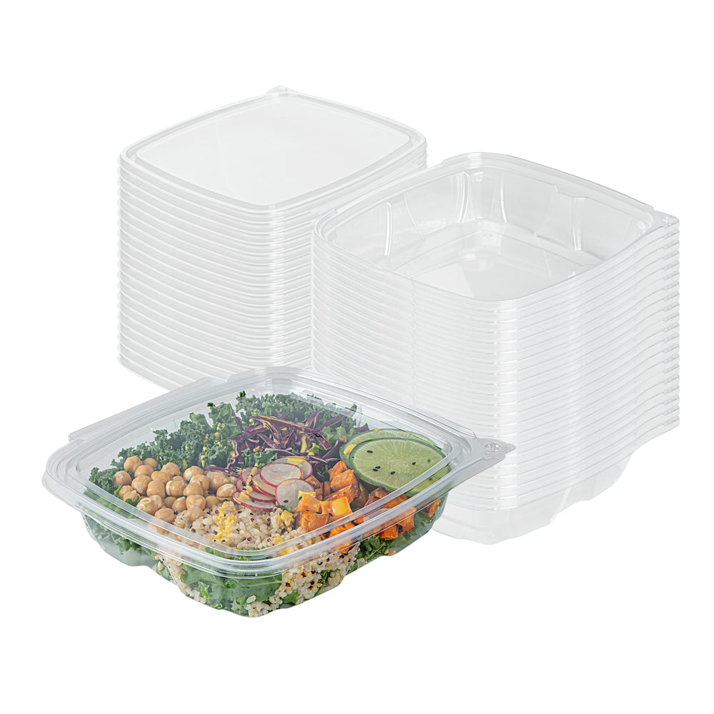 Tamper Tek 48 oz Rectangle Clear Plastic Salad Container - with Lid, Tamper-Evident - 8 3/4" x 7 3/4" x 1 3/4" - 100 count box