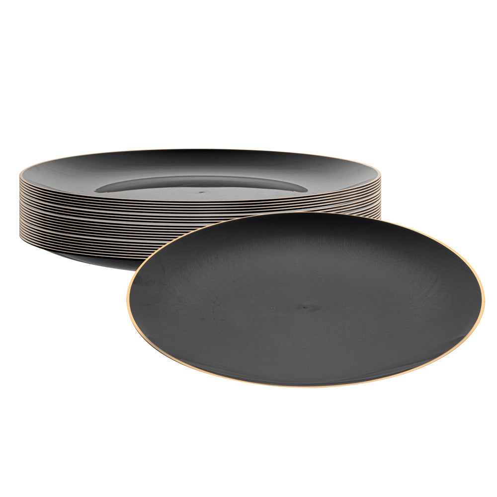 Moderna Round Black Plastic Gold-Rimmed Plate - 10" x 10" x 3/4" - 200 count box