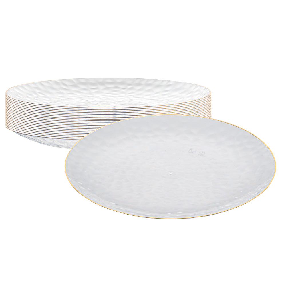 Moderna Round Clear Plastic Gold-Rimmed Plate - Hammered - 10" x 10" x 3/4" - 200 count box