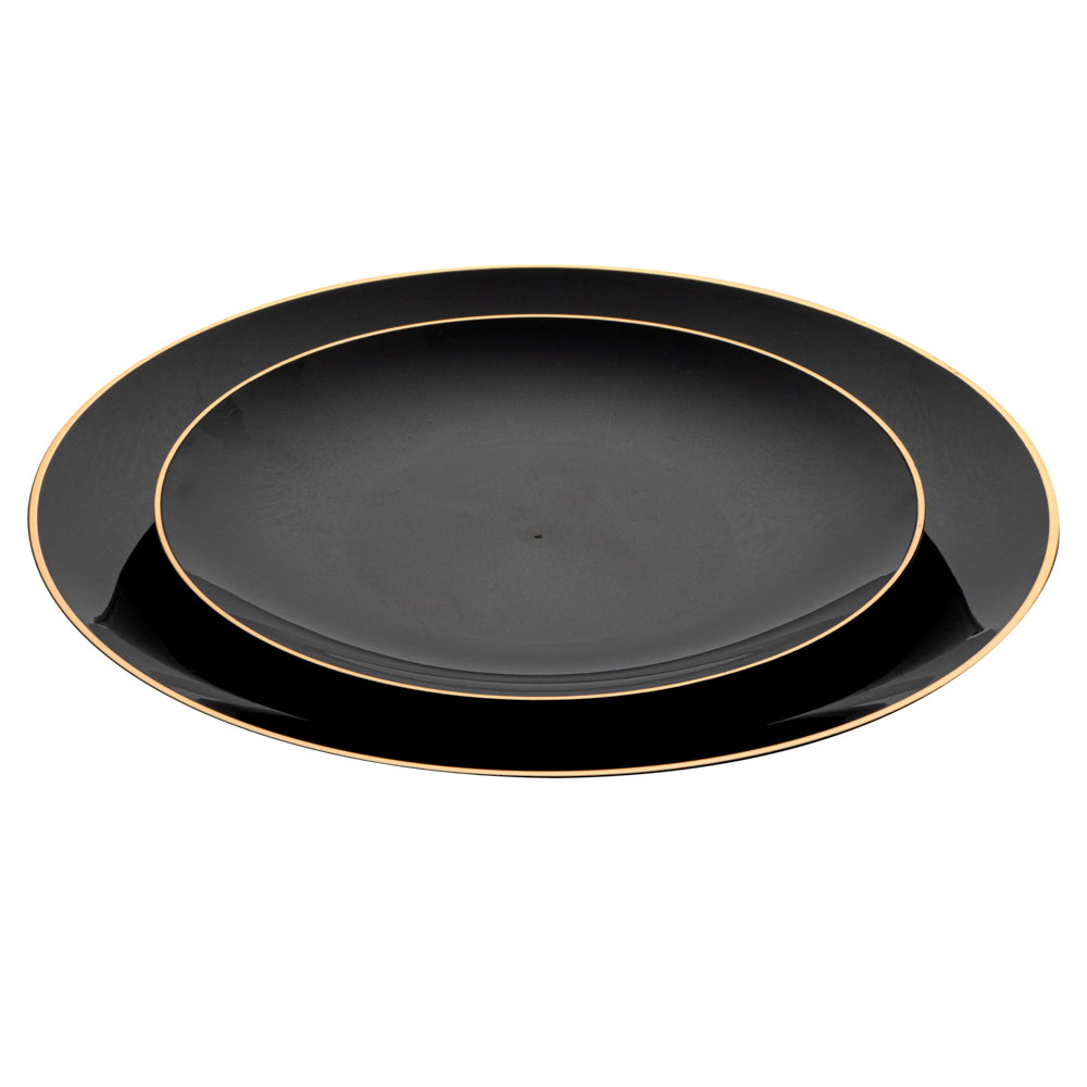 Moderna Round Black Plastic Gold-Rimmed Plate - Includes 7" and 10" Plates - 40 count box