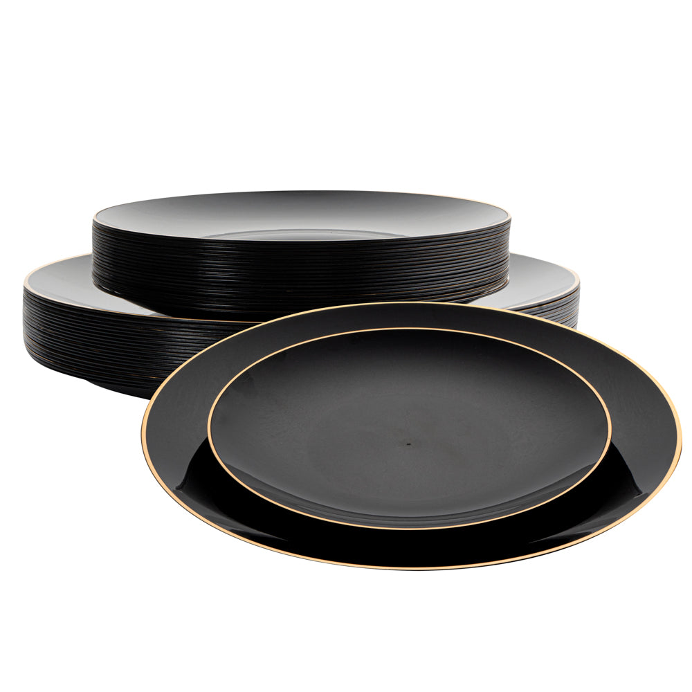 Moderna Round Black Plastic Gold-Rimmed Plate - Includes 7" and 10" Plates - 40 count box