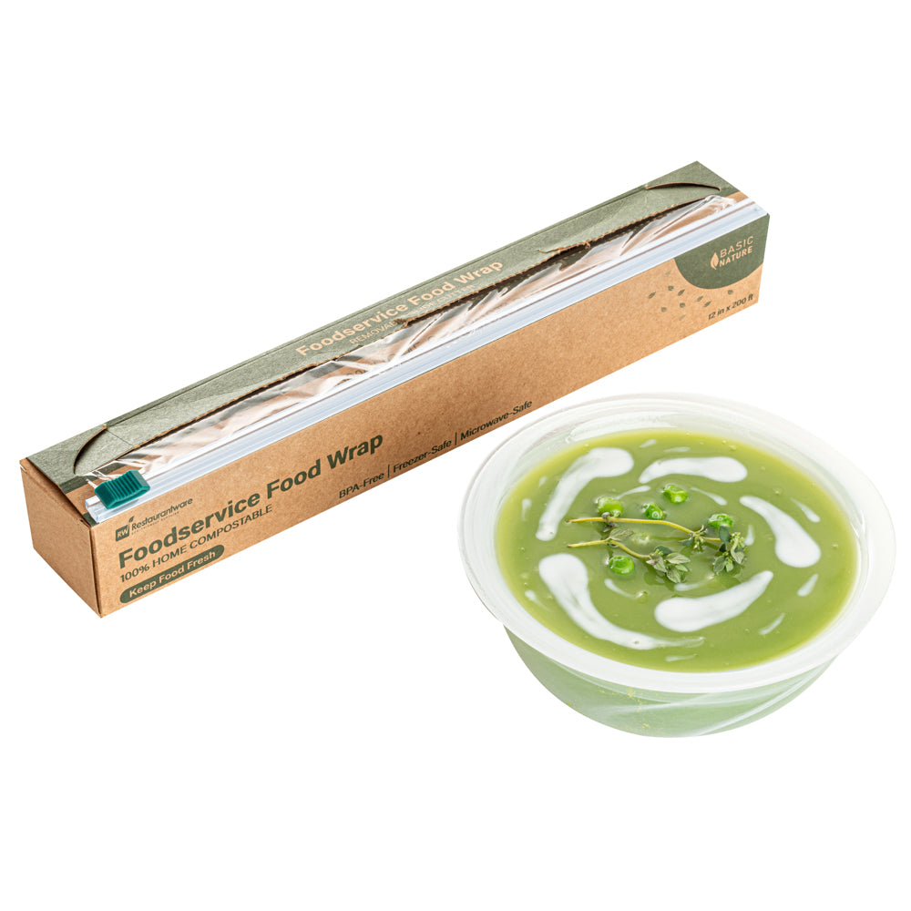 Basic Nature Clear Plastic Foodservice Food Wrap - Home Compostable, BPA-Free, Microwave-Safe - 12" x 200' - 1 count box