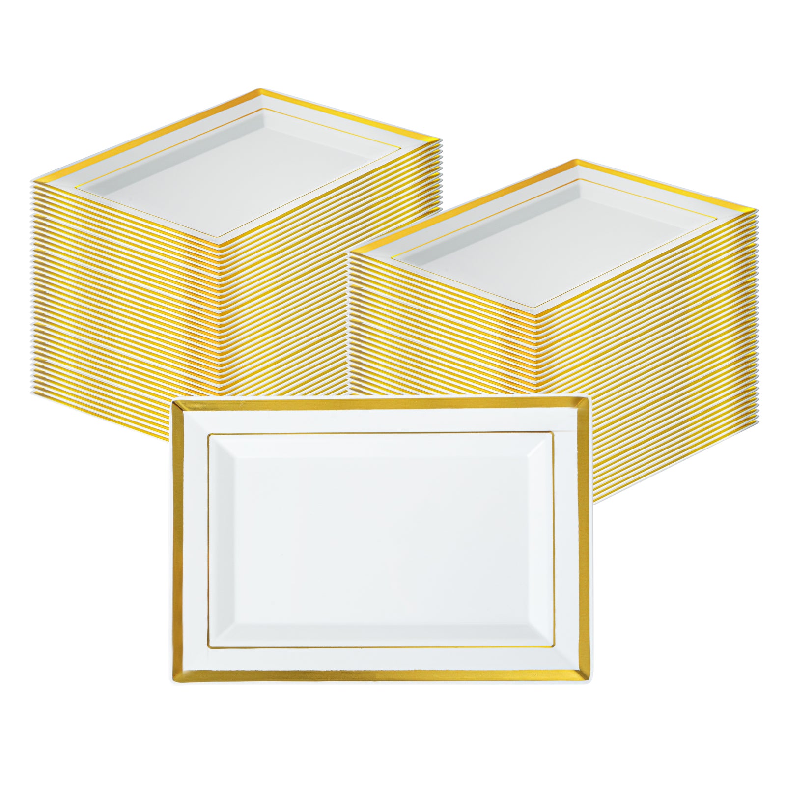 Moderna Rectangle White Plastic Gold-Rimmed Plate - 7 1/2" x 5 1/4" x 1/2" - 100 count box