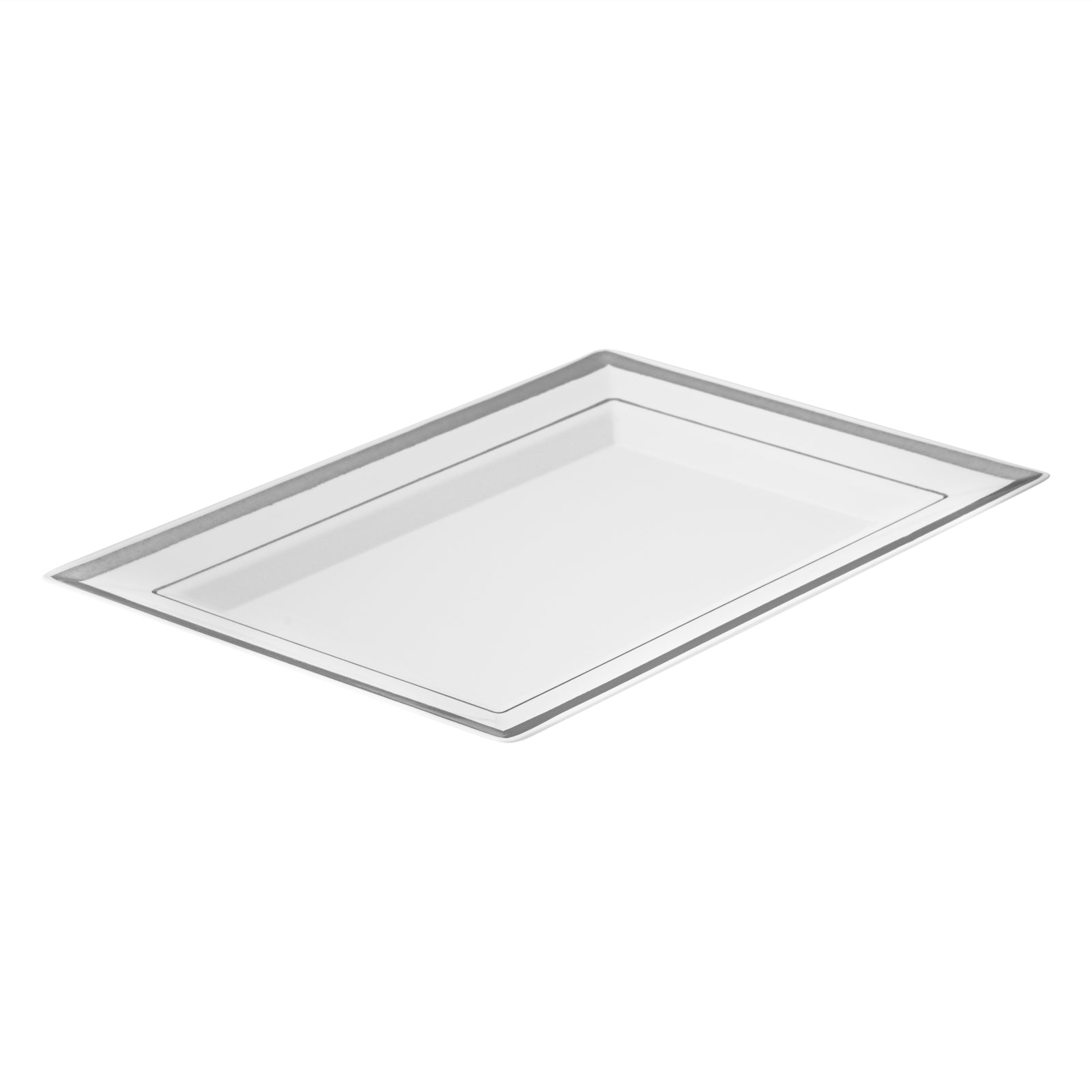 Moderna Rectangle White Plastic Silver-Rimmed Plate - 7 1/2" x 5 1/4" x 1/2" - 100 count box