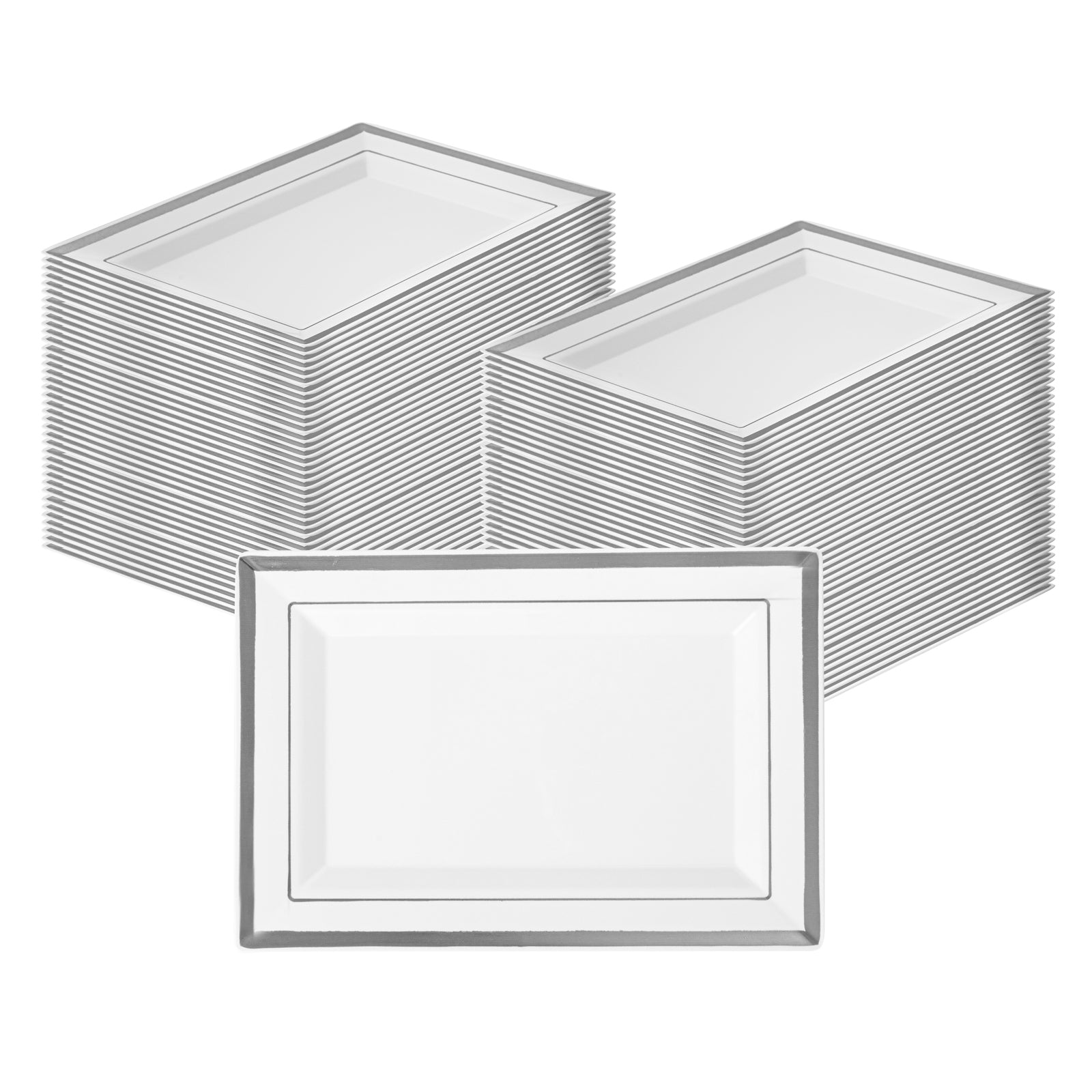 Moderna Rectangle White Plastic Silver-Rimmed Plate - 7 1/2" x 5 1/4" x 1/2" - 100 count box