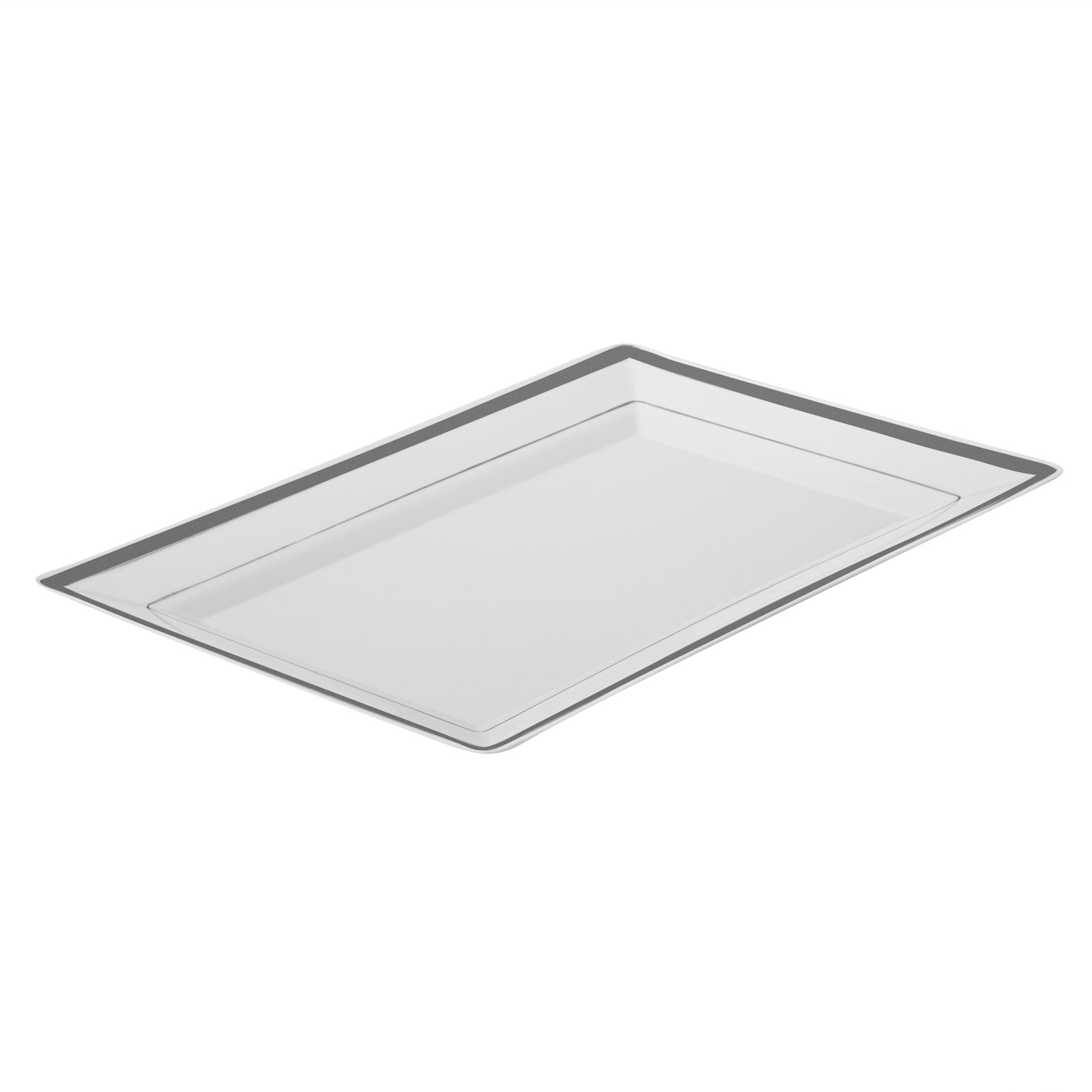 Moderna Rectangle White Plastic Silver-Rimmed Plate - 9 1/2" x 6 1/4" x 1/2" - 100 count box