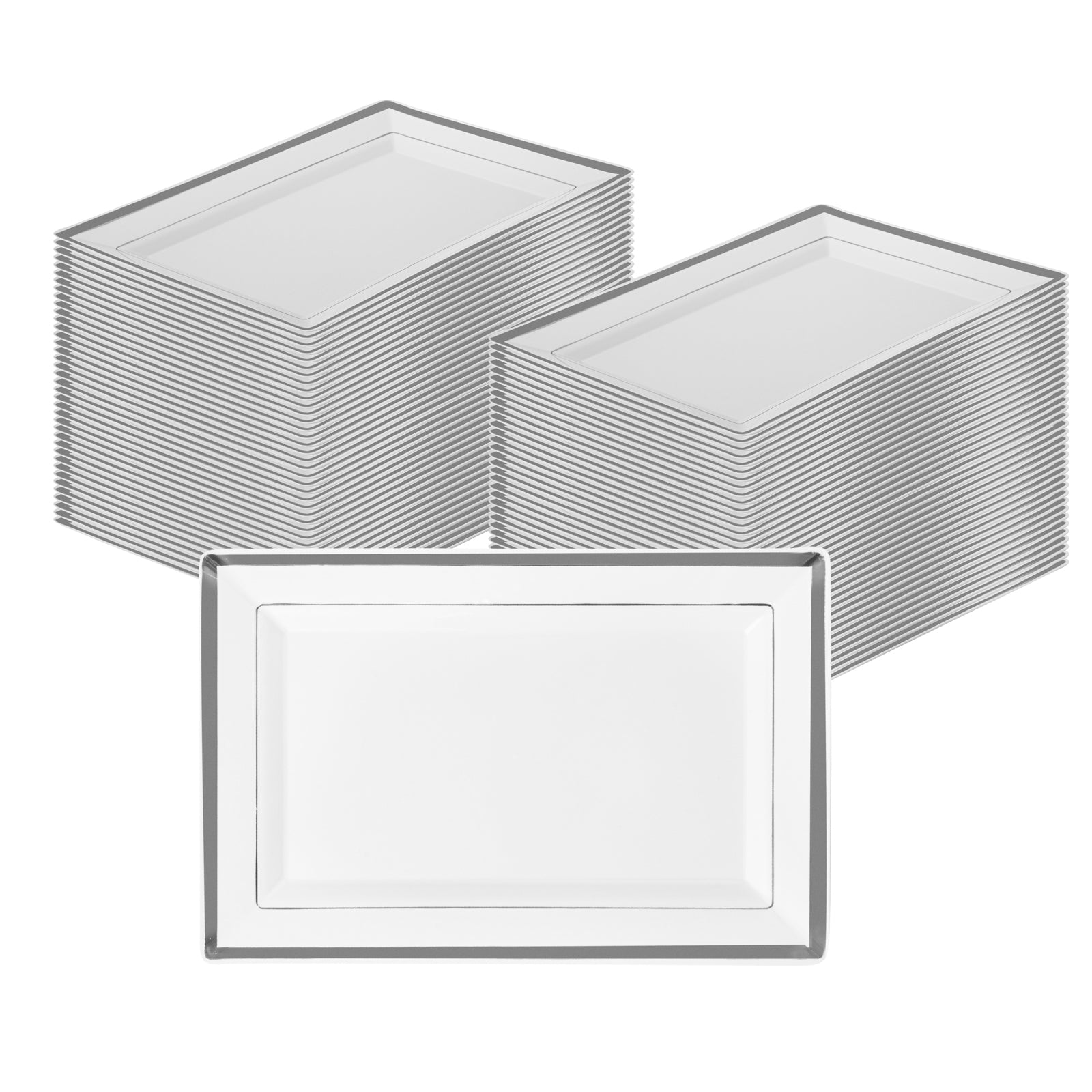 Moderna Rectangle White Plastic Silver-Rimmed Plate - 9 1/2" x 6 1/4" x 1/2" - 100 count box