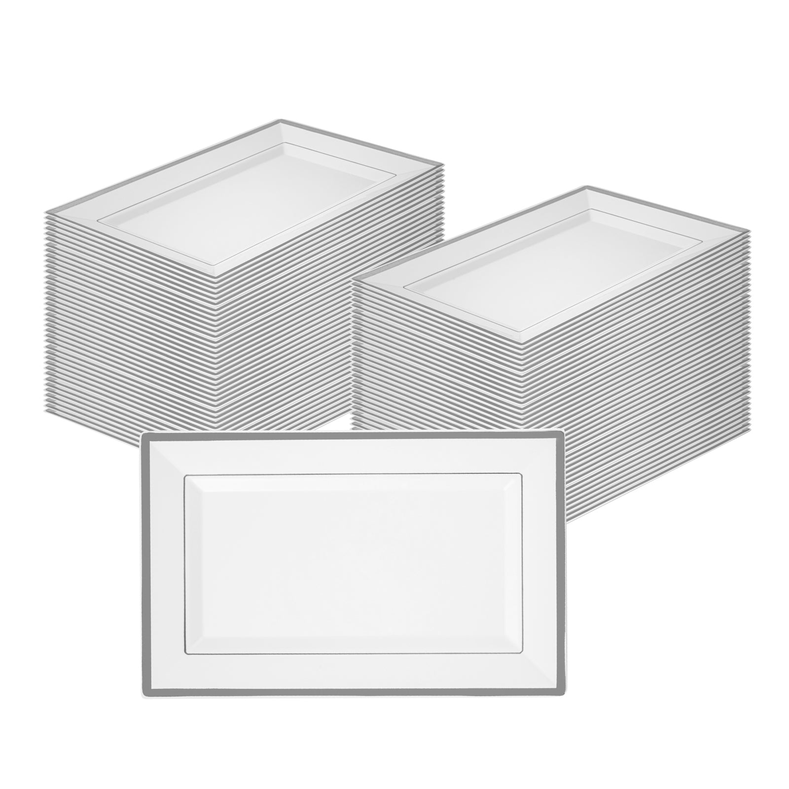 Moderna Rectangle White Plastic Silver-Rimmed Plate - 11 1/2" x 7 1/4" x 3/4" - 100 count box