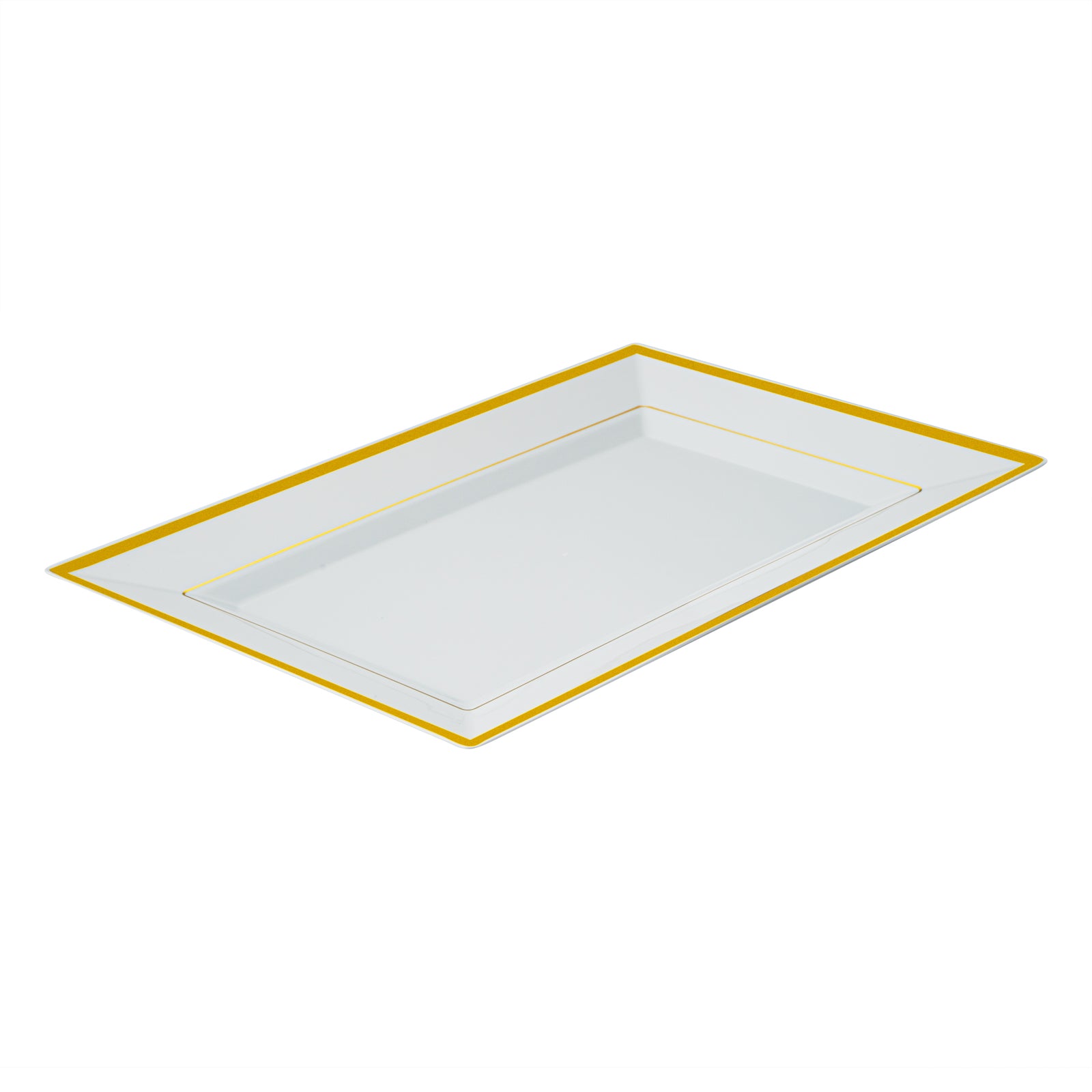 Moderna Rectangle White Plastic Gold-Rimmed Plate - 12 3/4" x 8 1/4" x 3/4" - 100 count box