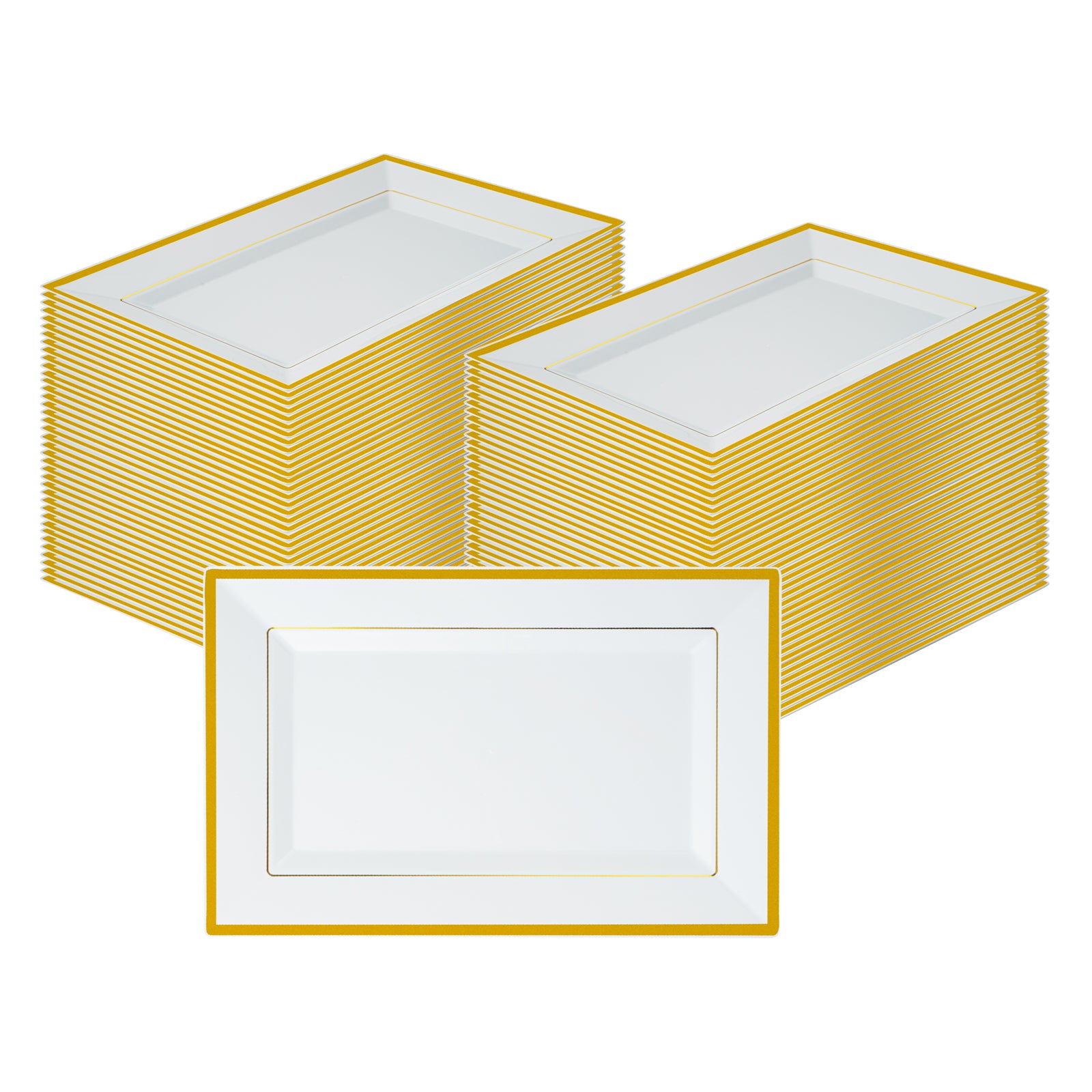 Moderna Rectangle White Plastic Gold-Rimmed Plate - 12 3/4" x 8 1/4" x 3/4" - 100 count box