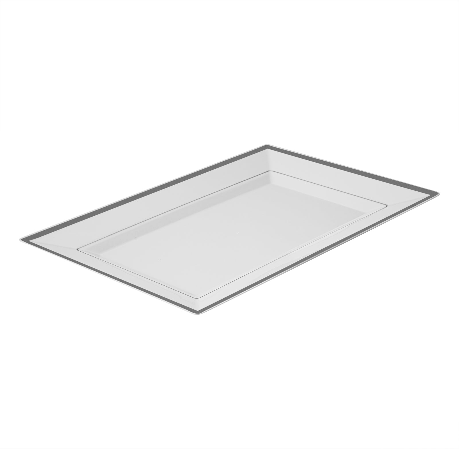 Moderna Rectangle White Plastic Silver-Rimmed Plate - 12 3/4" x 8 1/4" x 3/4" - 100 count box