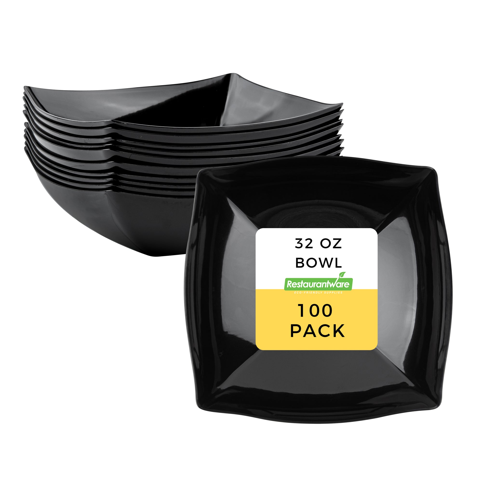 Moderna 32 oz Square Black Plastic Bowl - 7 3/4" x 7 3/4" x 2 1/4" - 100 count box