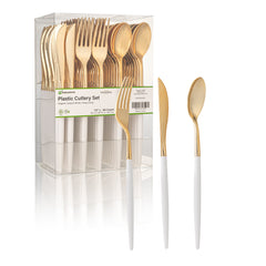 Moderna Gold Plastic Cutlery Set - with White Handle - 7 1/2