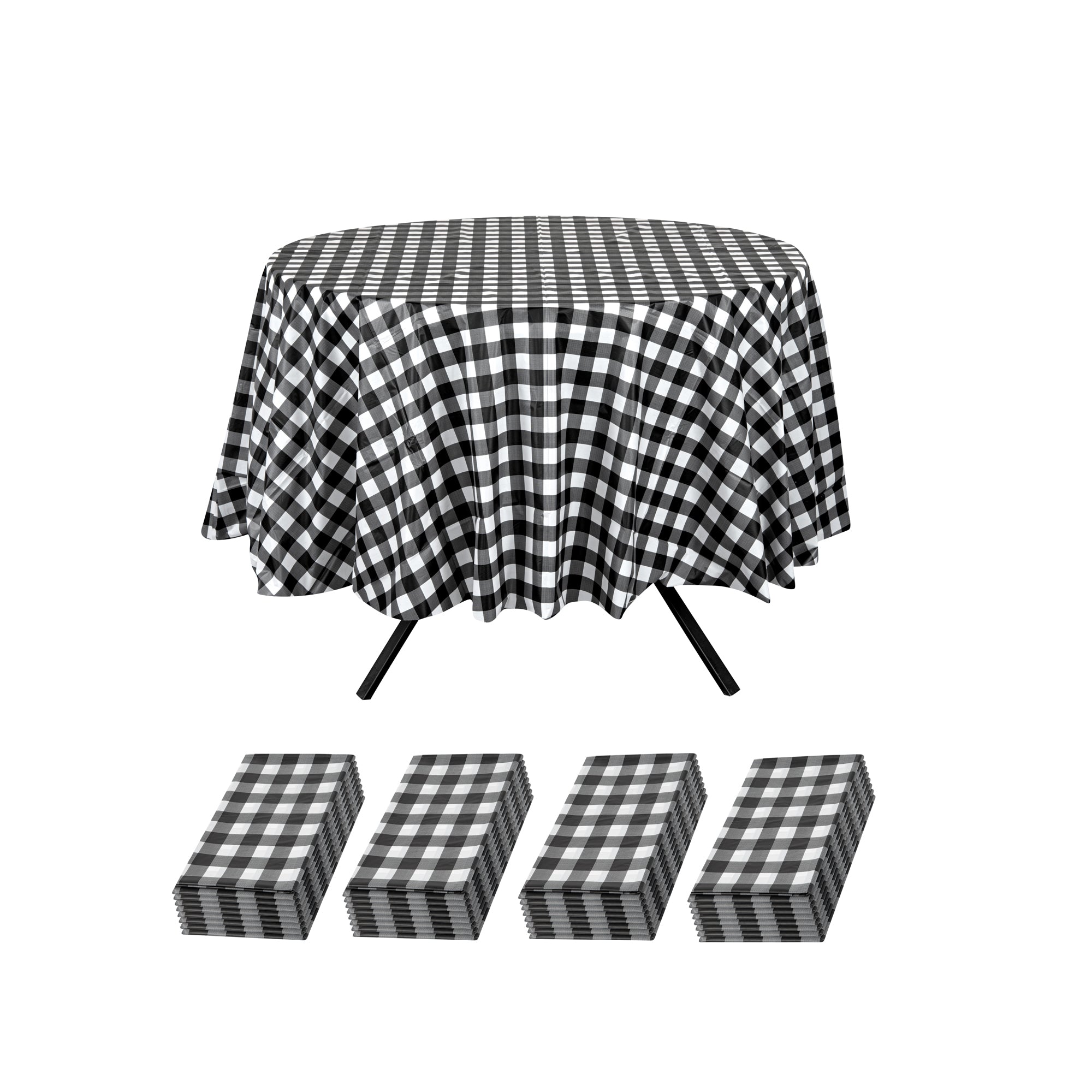 Table Tek Round Black Gingham Plastic Table Cover - 84" - 20 count box