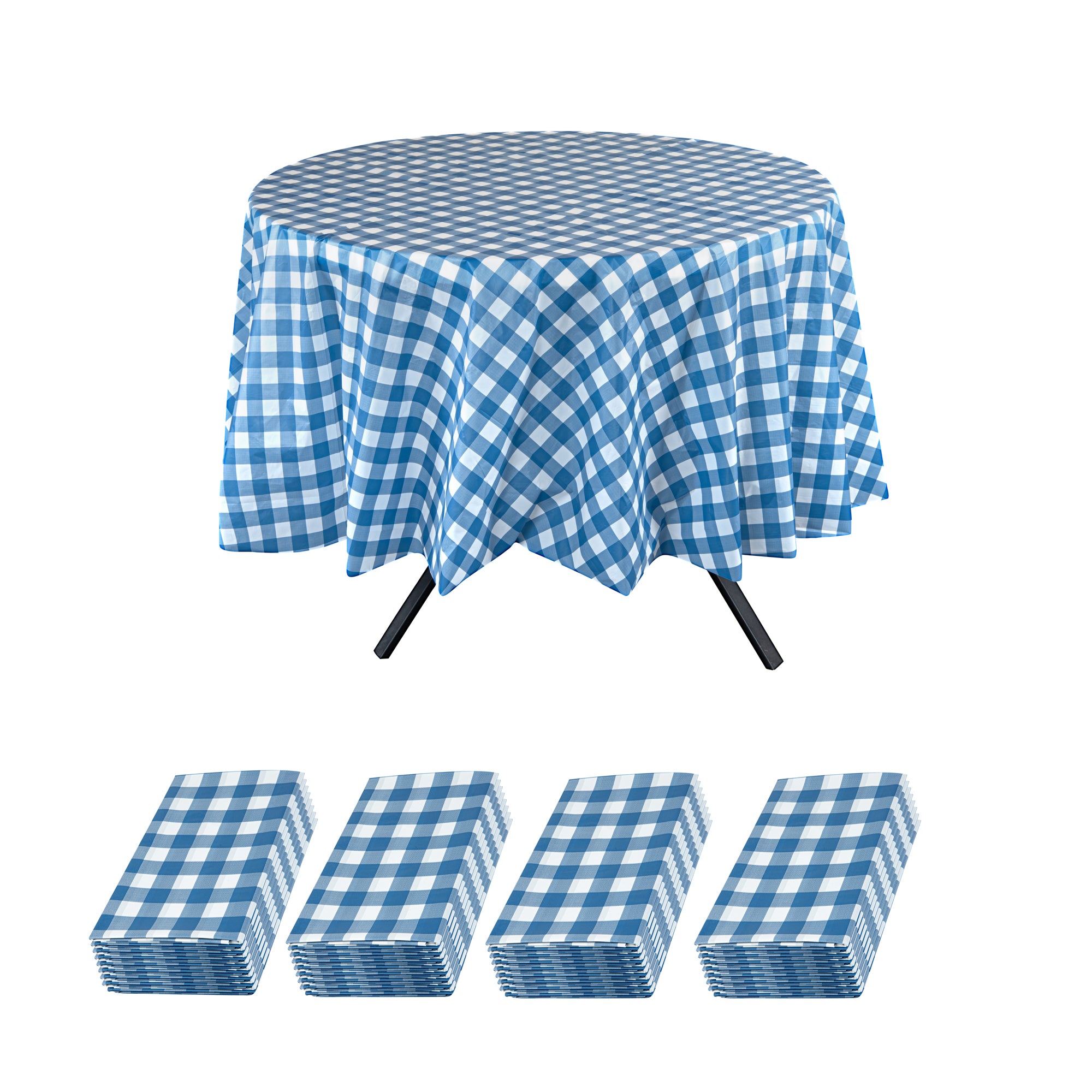 Table Tek Round Blue Gingham Plastic Table Cover - 84" - 20 count box