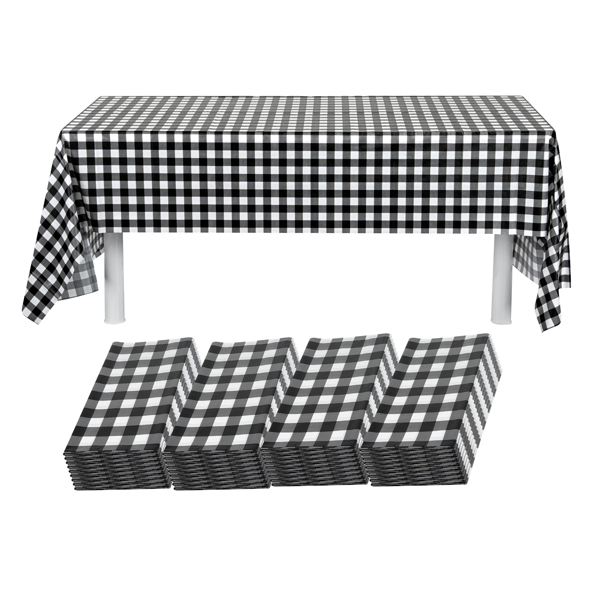 Table Tek Rectangle Gingham Black Plastic Table Cover - 108" x 54" - 20 count box