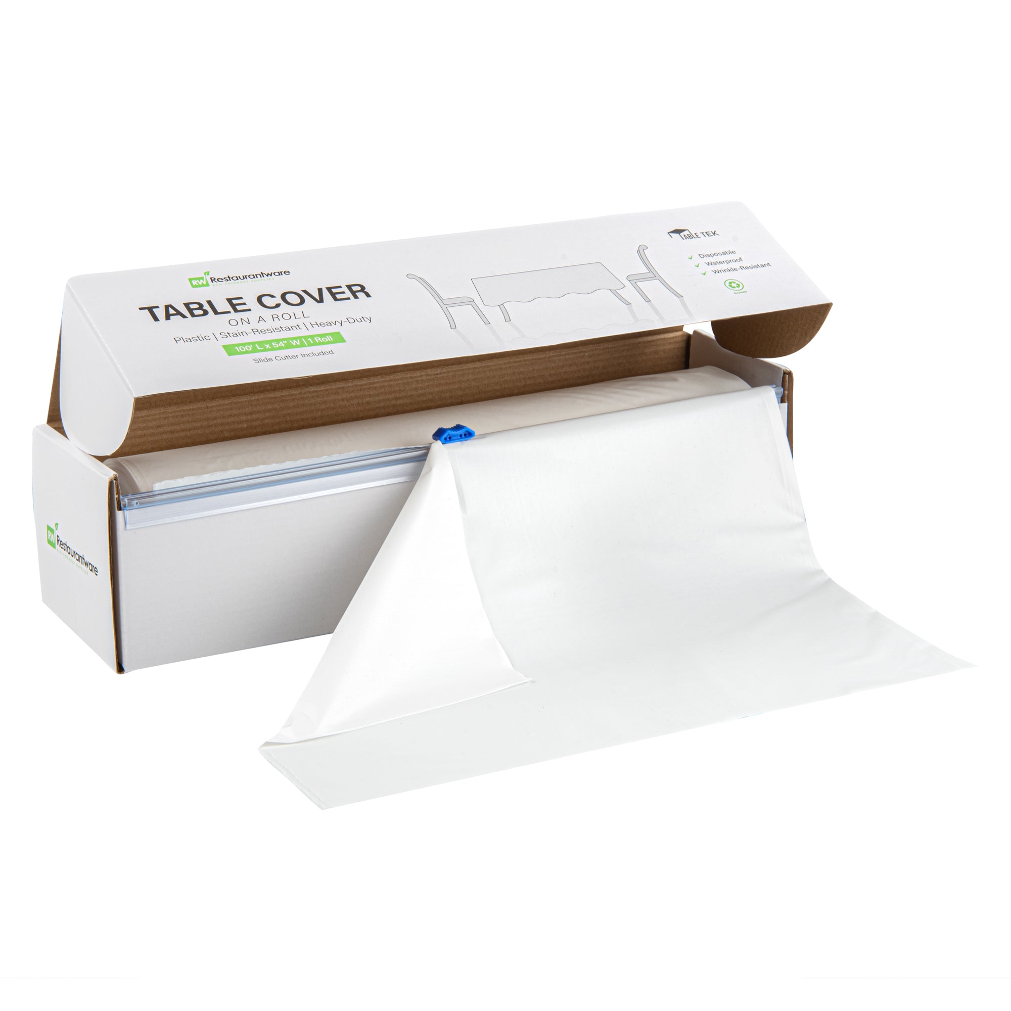 Table Tek White Plastic Table Cover Roll - with Slide Cutter - 100' x 54" - 10 count box