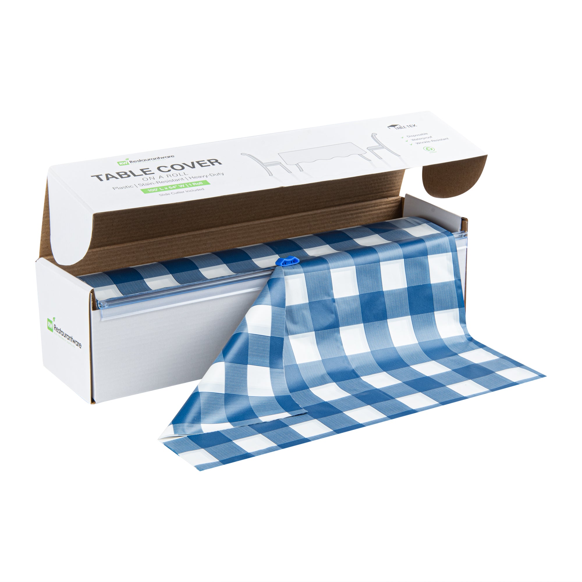 Table Tek Blue Gingham Plastic Table Cover Roll - with Slide Cutter - 100' x 54" - 10 count box