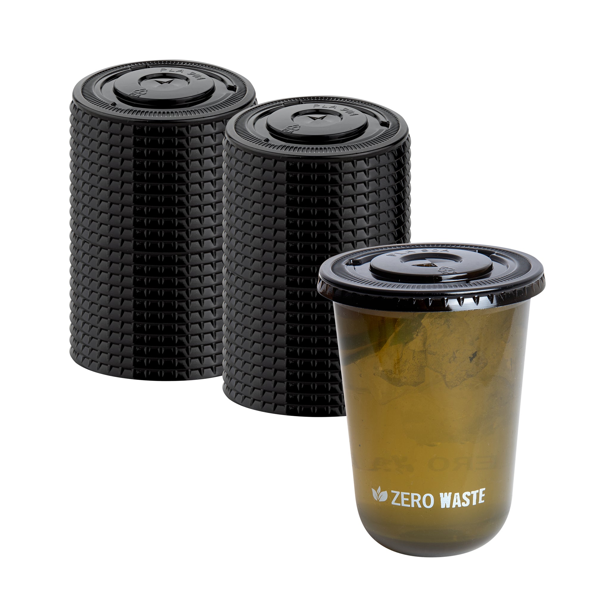 Zero Waste Round Black PLA Plastic Flat Lid - Fits 12, 16, and 24 oz, Compostable - 3 1/2" x 3 1/2" x 1/4" - 1000 count box