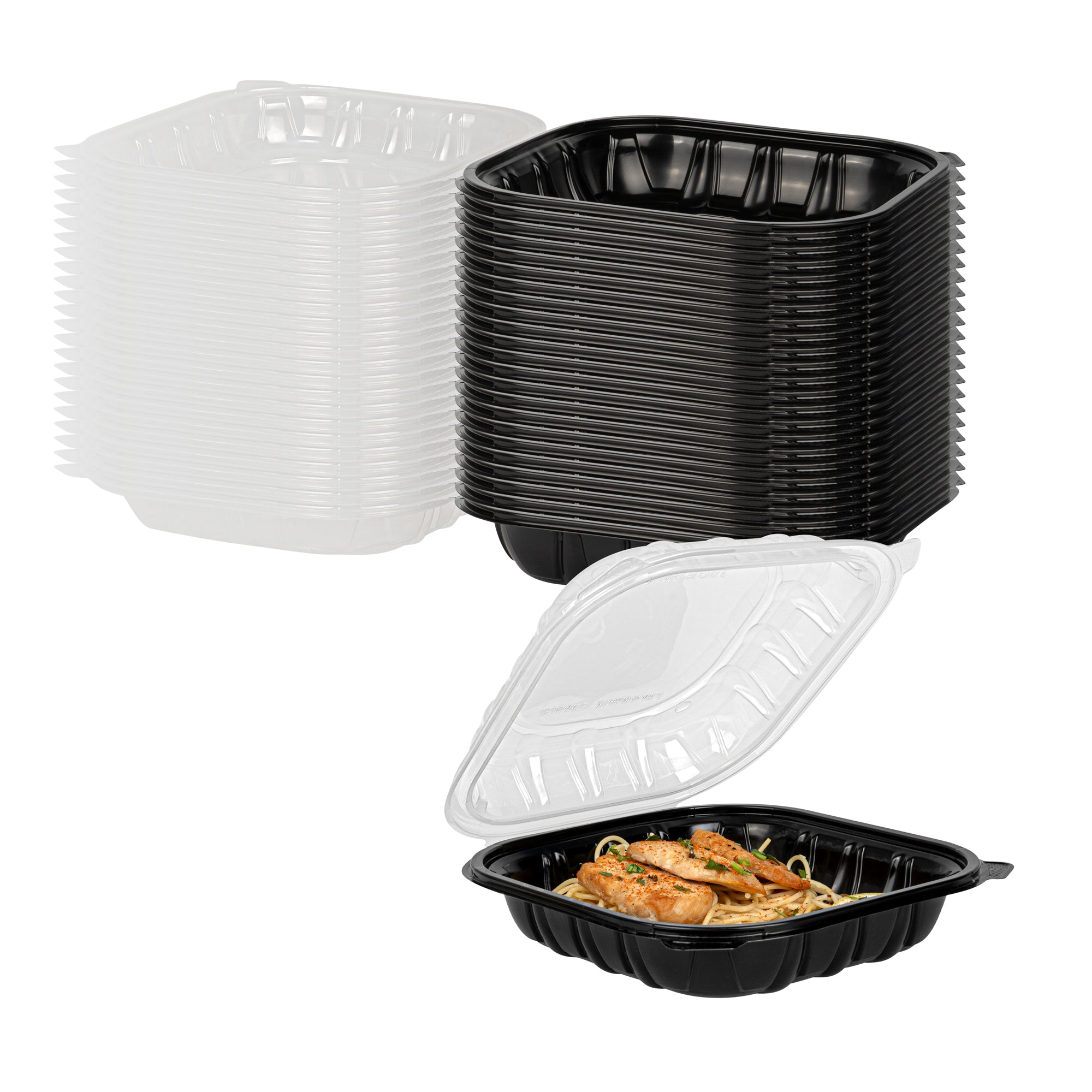 Thermo Tek 40 oz Black Plastic Clamshell Container - Microwavable - 9" x 9" x 3" - 100 count box