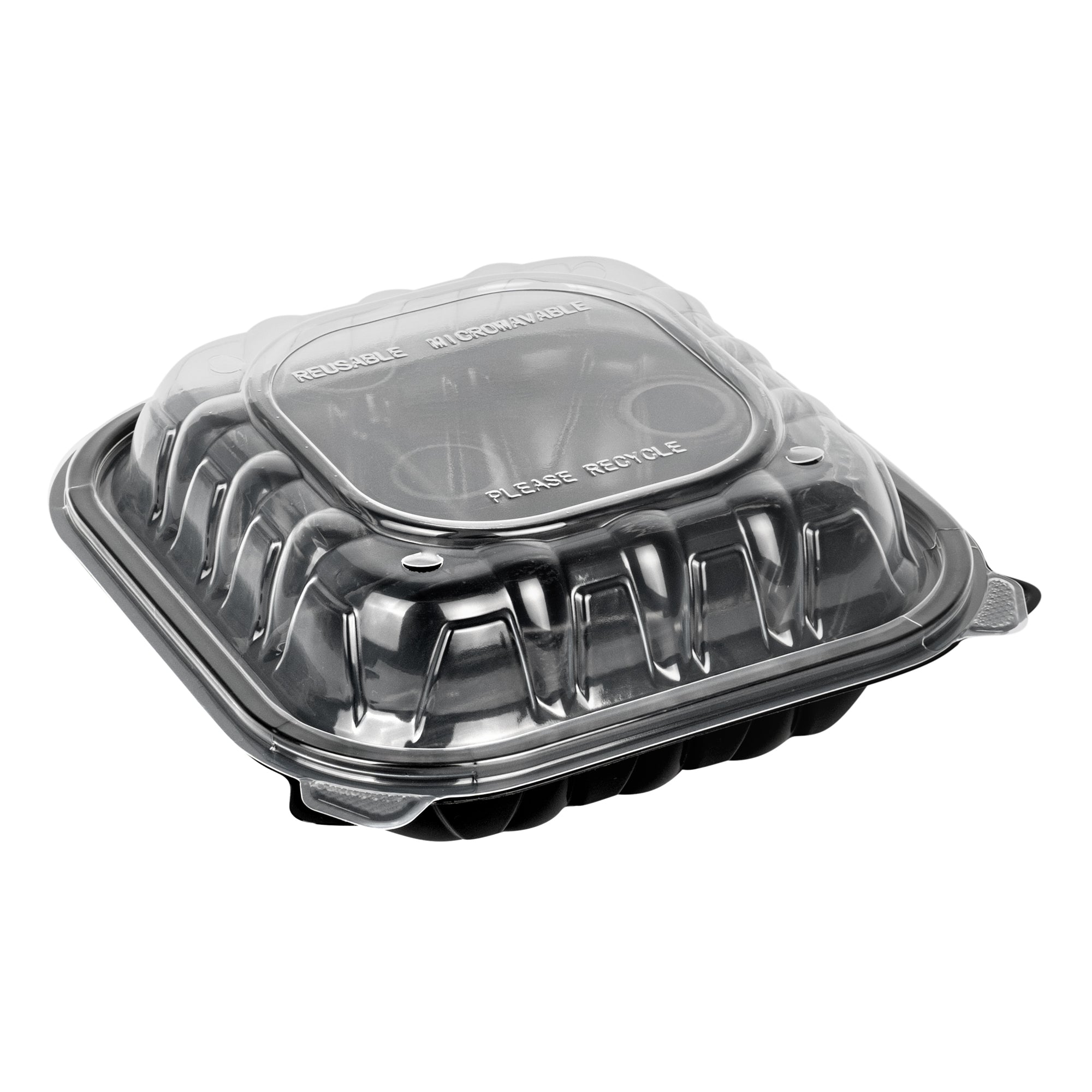 Thermo Tek 34 oz Black Plastic Clamshell Container - 3 Compartments, Microwavable - 8" x 8" x 3" - 100 count box