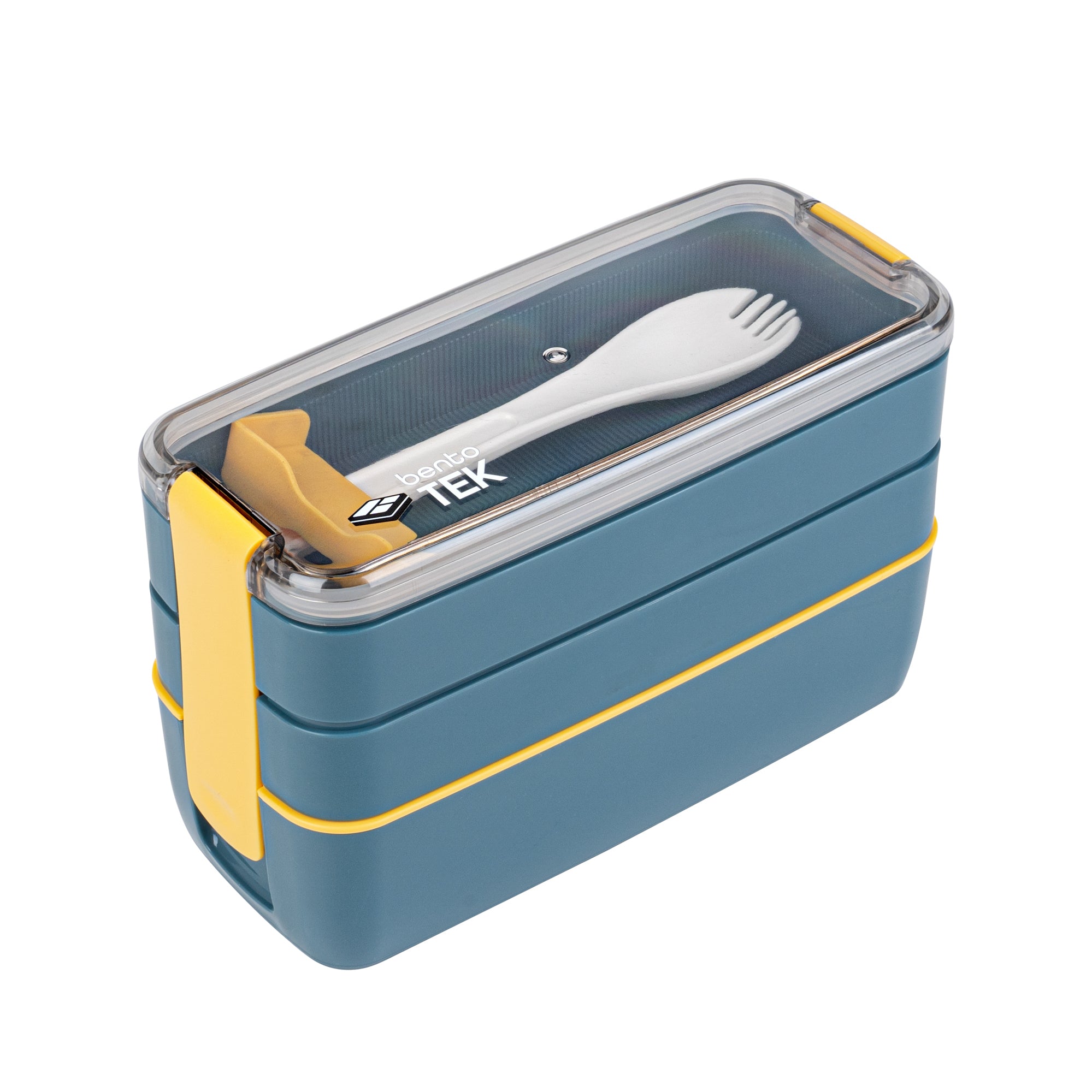 Bento Tek 30 oz Blue and Yellow 3-In-1 Lunch Box - BPA-Free, Microwave-Safe, with Fork and Knife - 7 1/2" x 3 1/4" x 4 1/2" - 10 count box