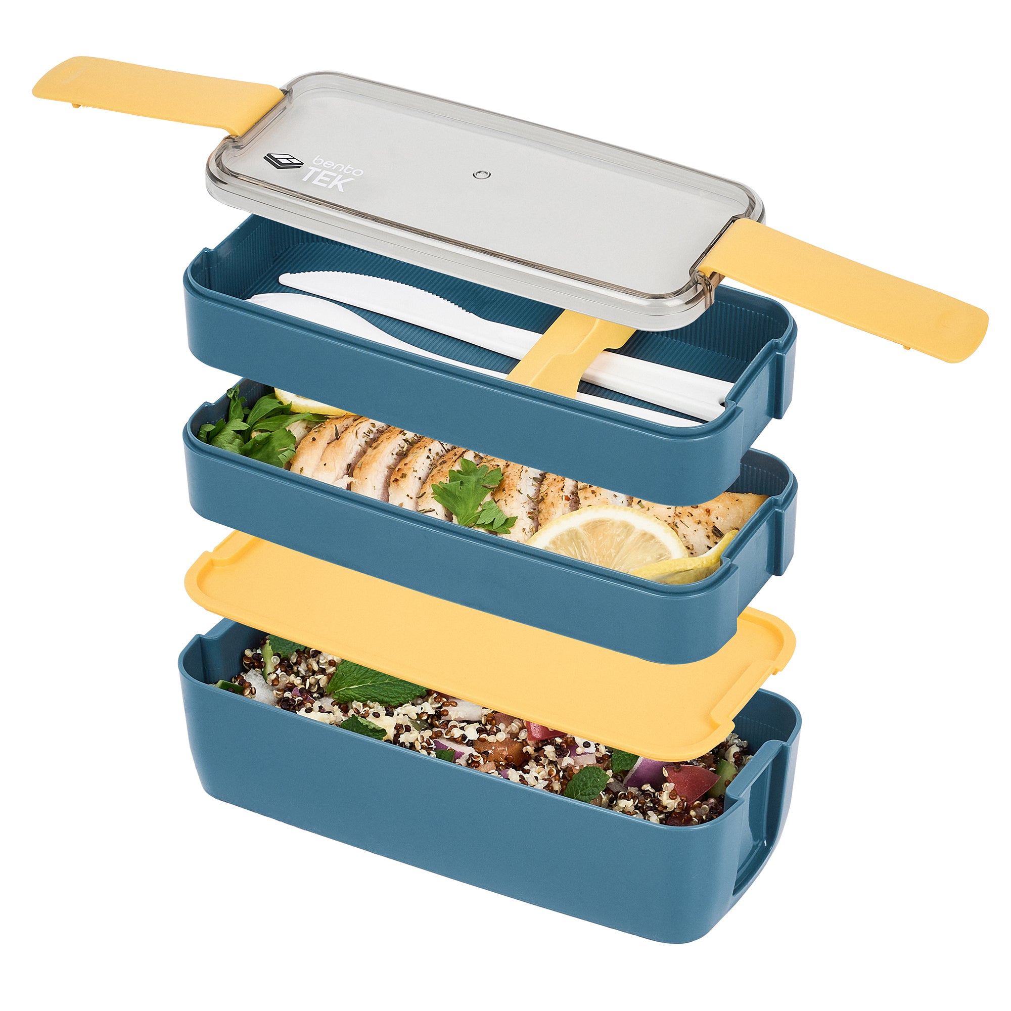 Bento Tek 30 oz Blue and Yellow 3-In-1 Lunch Box - BPA-Free, Microwave-Safe, with Fork and Knife - 7 1/2" x 3 1/4" x 4 1/2" - 10 count box