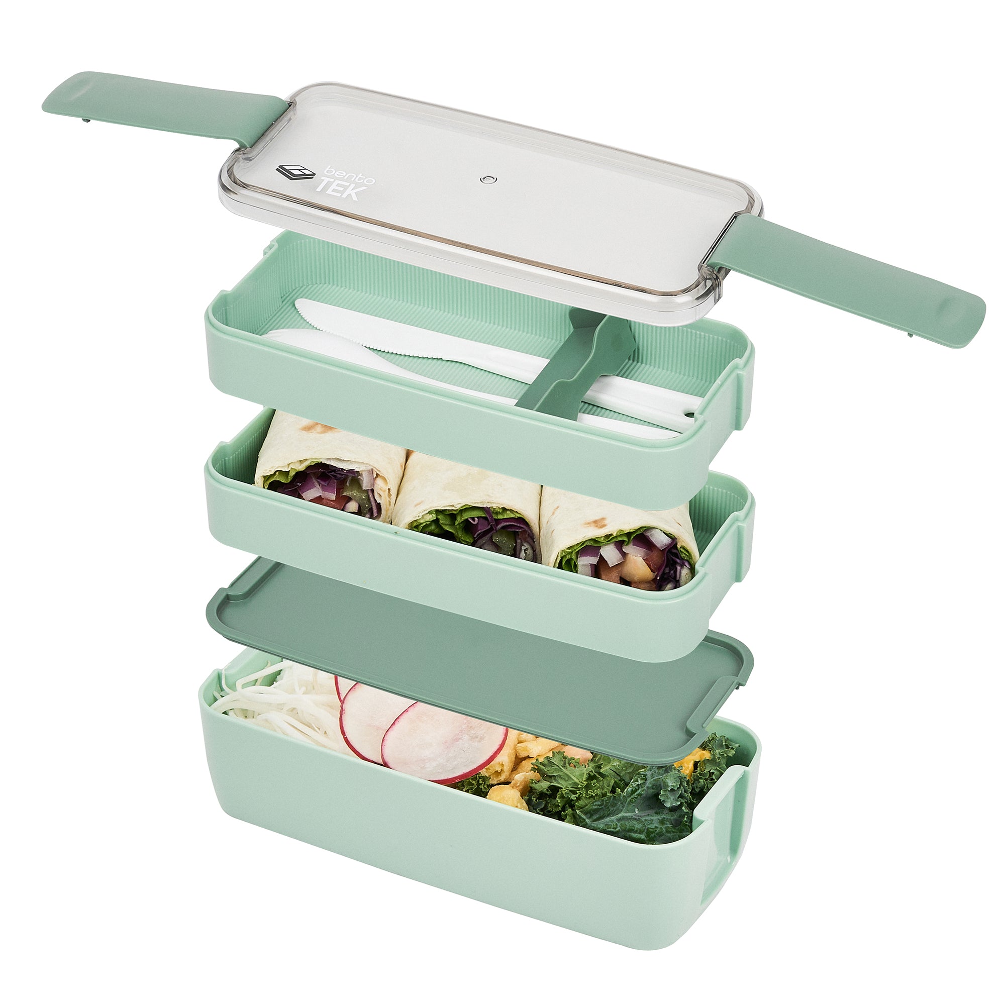 Bento Tek 30 oz Green 3-In-1 Lunch Box - BPA-Free, Microwave-Safe, with Fork and Knife - 7 1/2" x 3 1/4" x 4 1/2" - 10 count box