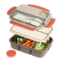 Bento Tek 44 oz Brown and Orange Lunch Box - BPA-Free, Microwave-Safe, with Utensils - 9