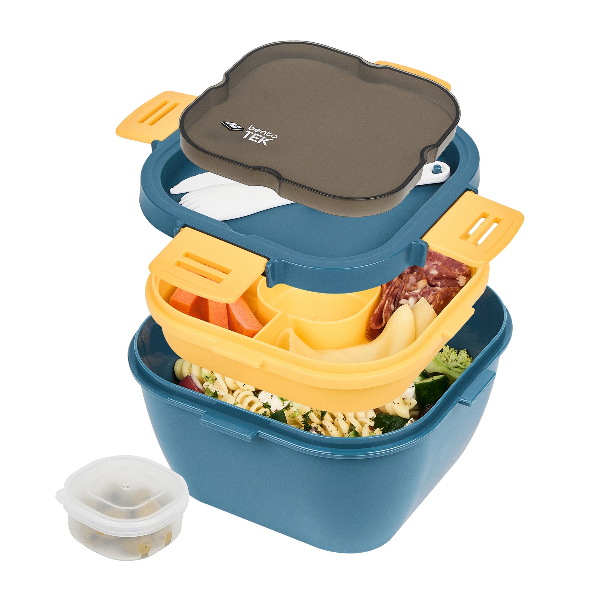 Bento Tek 58 oz Blue and Yellow Lunch Box - BPA-Free, Microwave-Safe, with Fork and Knife - 7 1/4" x 7 1/4" x 4 1/4" - 10 count box