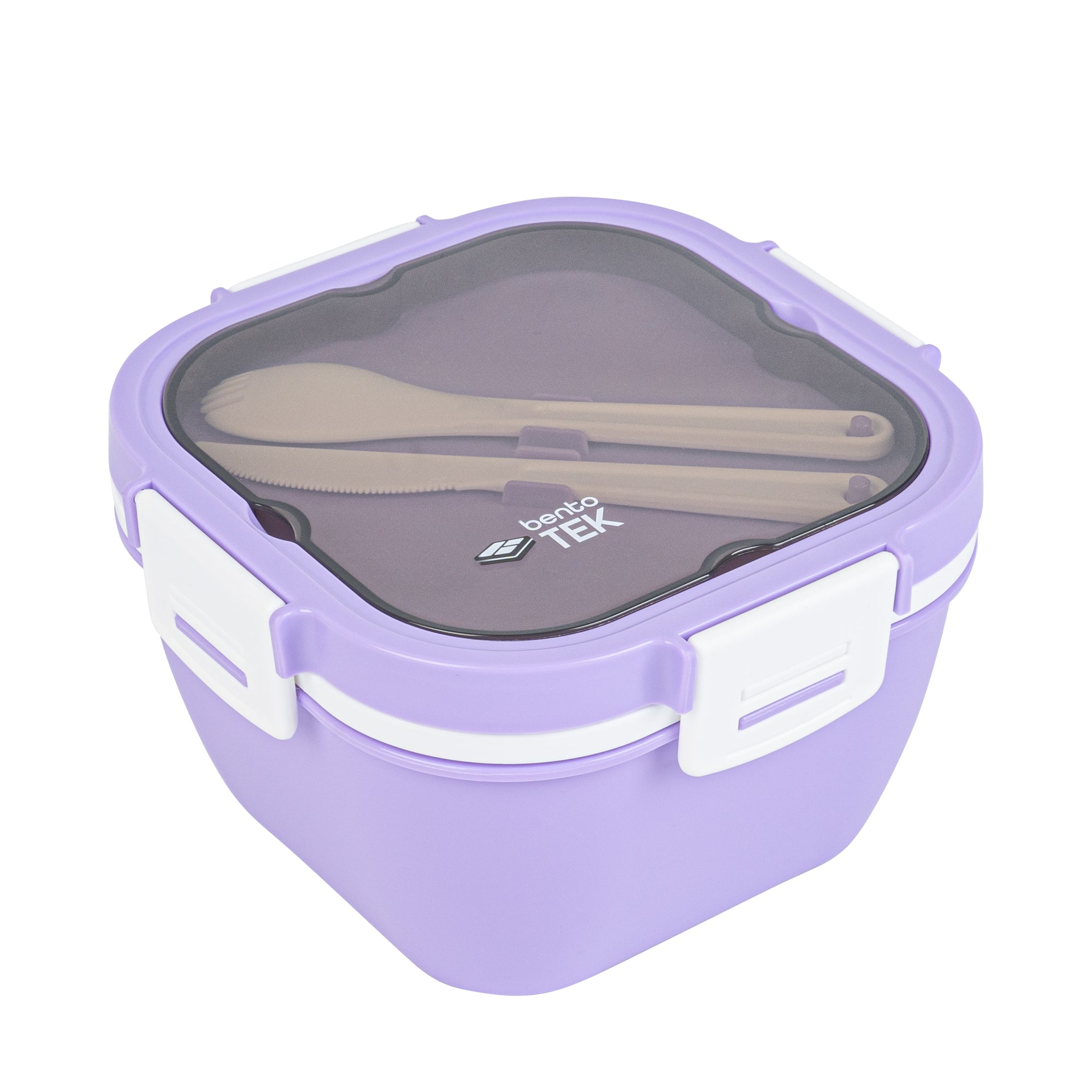 Bento Tek 58 oz Purple and White Lunch Box - BPA-Free, Microwave-Safe, with Fork and Knife - 7 1/4" x 7 1/4" x 4 1/4" - 10 count box