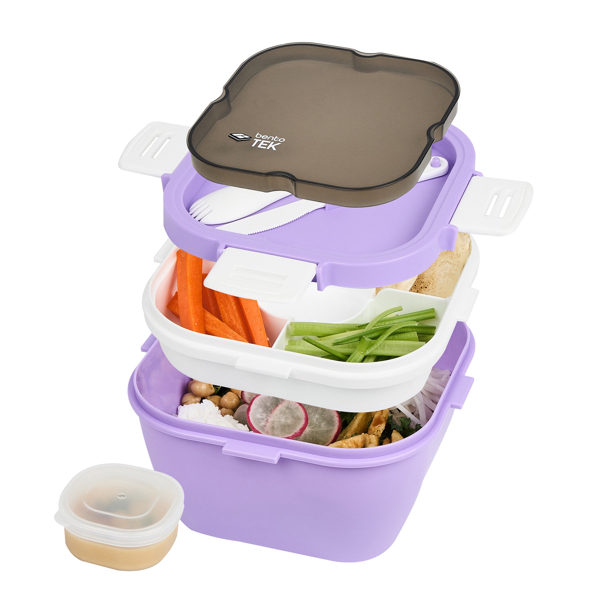 Bento Tek 58 oz Purple and White Lunch Box - BPA-Free, Microwave-Safe, with Fork and Knife - 7 1/4" x 7 1/4" x 4 1/4" - 10 count box