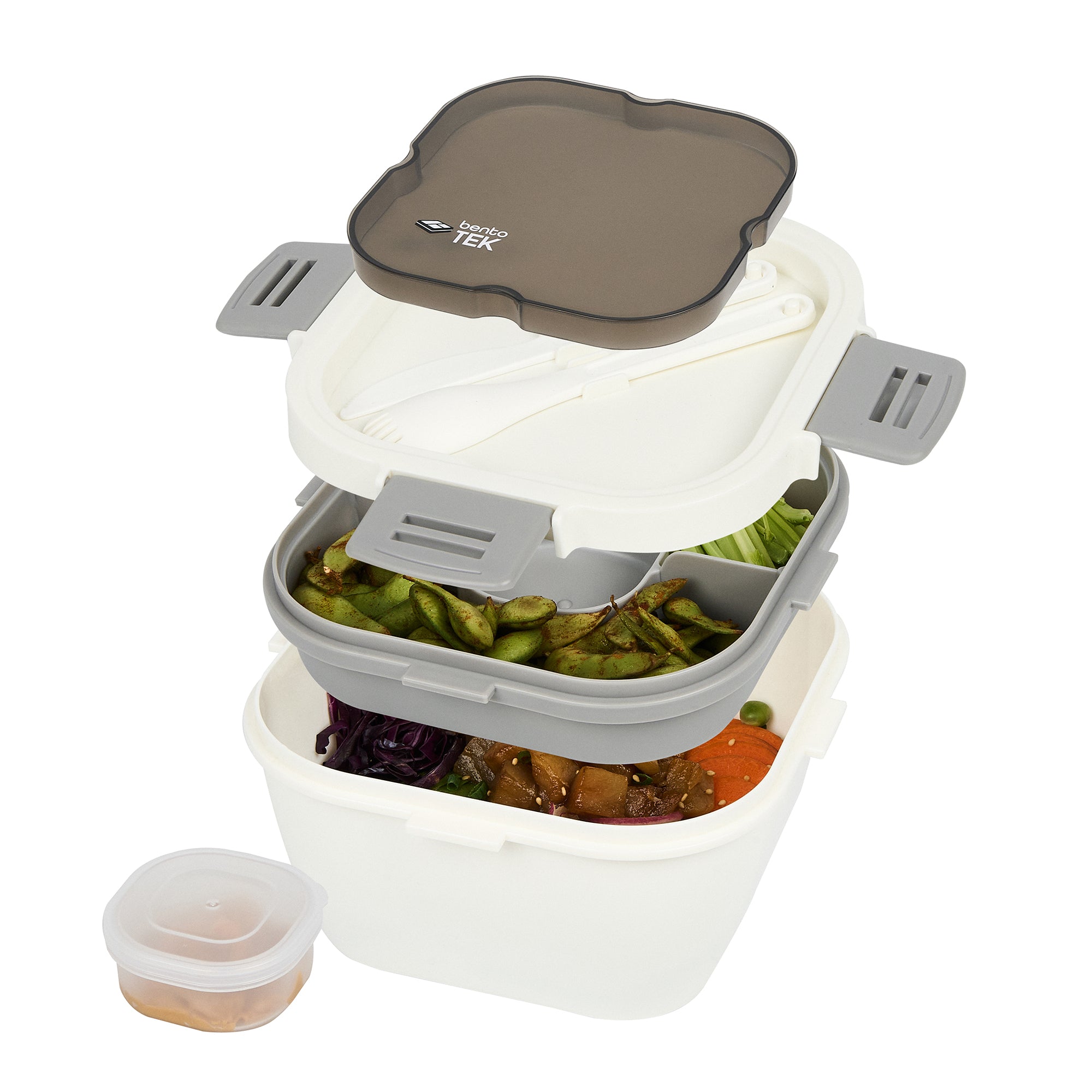 Bento Tek 58 oz White and Gray Lunch Box - BPA-Free, Microwave-Safe, with Fork and Knife - 7 1/4" x 7 1/4" x 4 1/4" - 10 count box