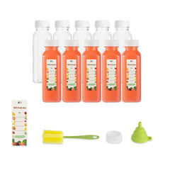 Bottle Tek 10 Square Clear 12 oz Plastic Juice Bottles with Safety Caps - Includes 10 Labels, 1 Funnel and 1 Cleaning Brush