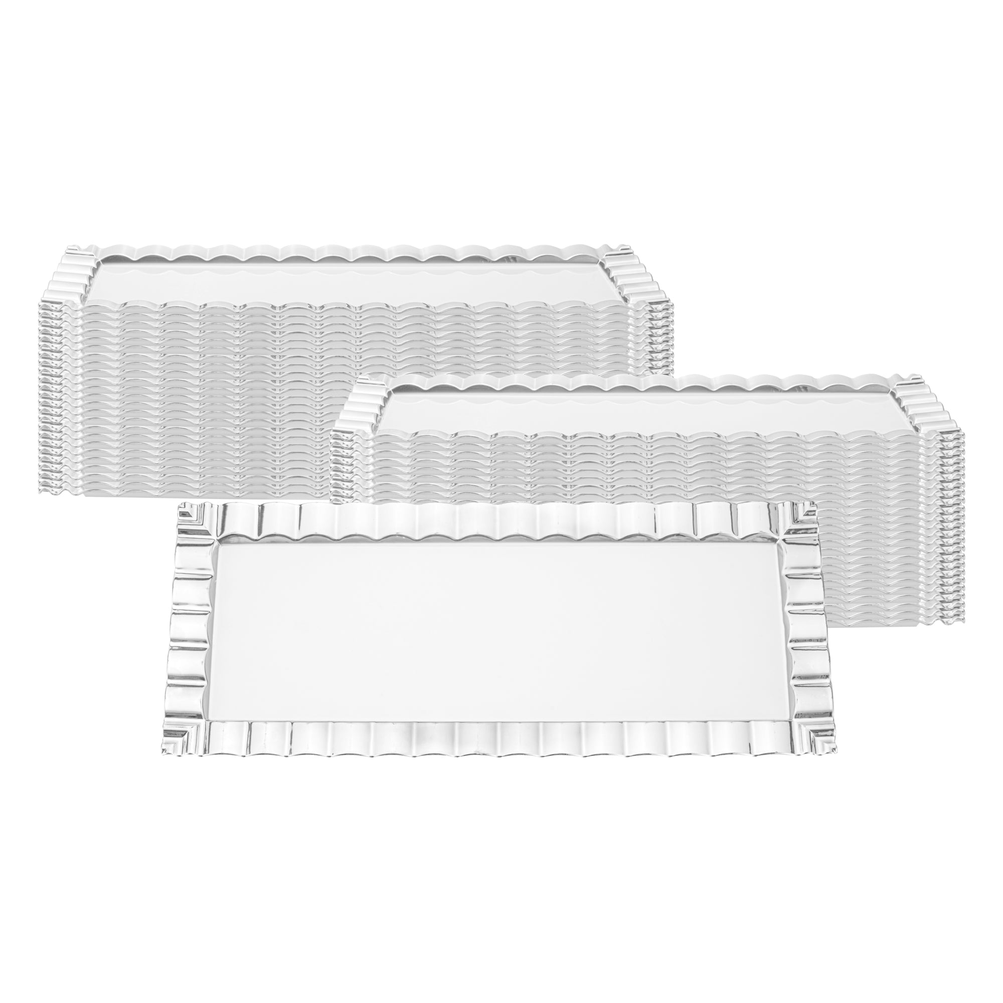 Maxi Serve Rectangle White Plastic Plate - with Silver Ruffled Rim - 14 1/4" x 6 1/4" - 100 count box