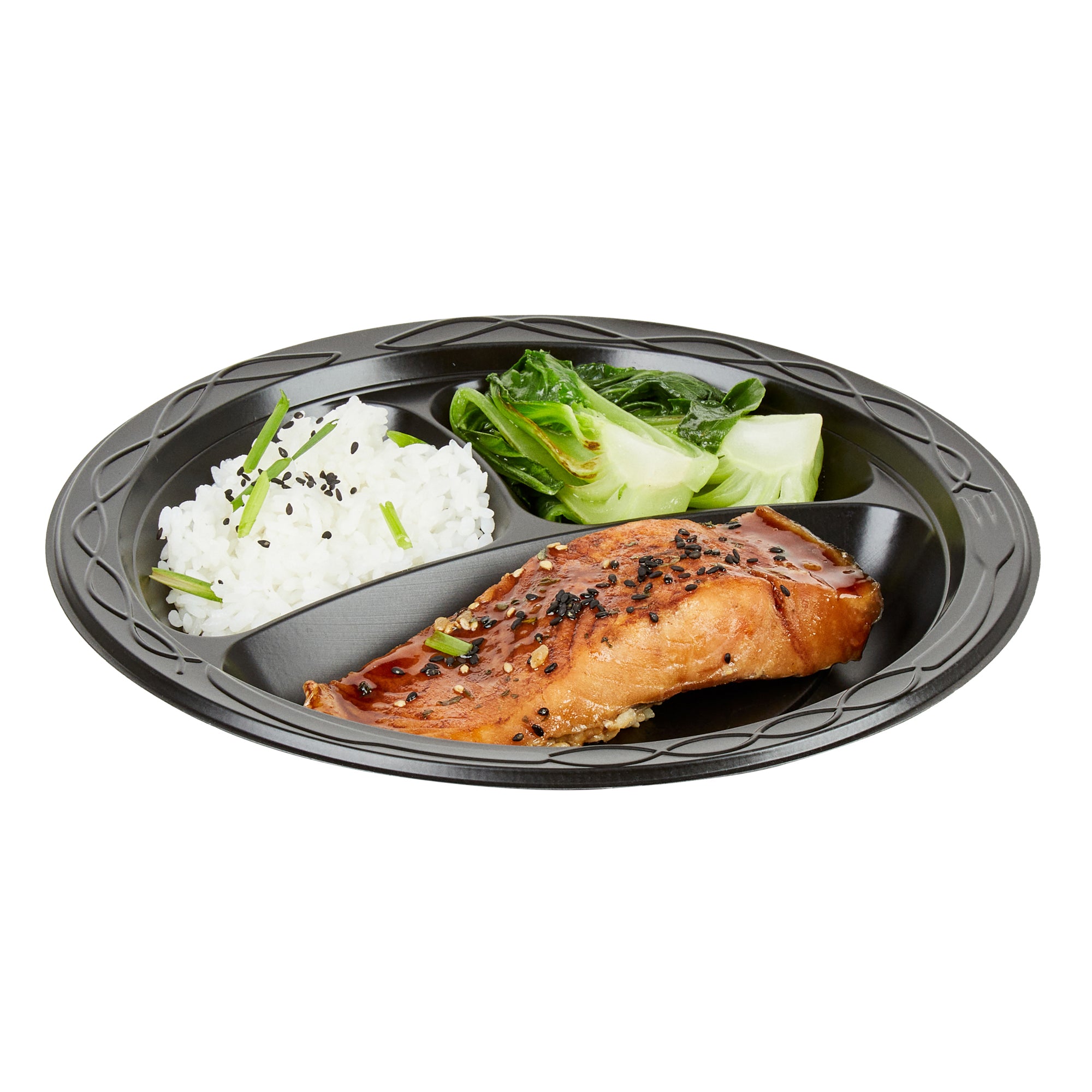 RW Base Round Black Plastic Plate - 3 Compartments, Microwavable - 9" x 9" x 3/4" - 100 count box