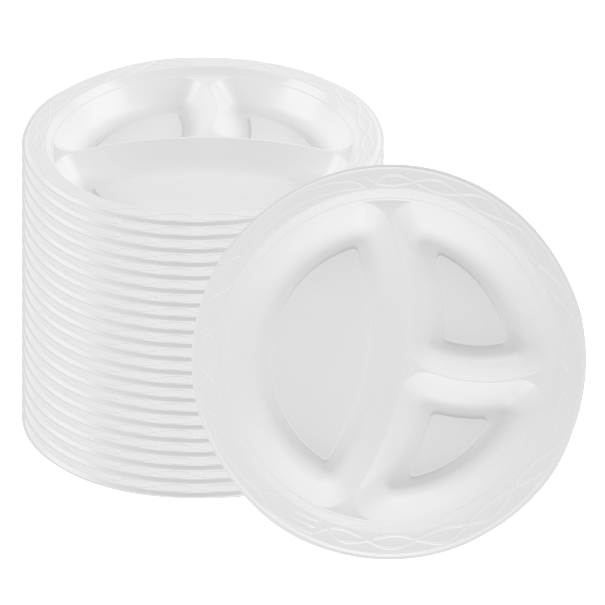 RW Base Round White Plastic Plate - 3 Compartments, Microwavable - 10 1/4" x 10 1/4" x 3/4" - 100 count box