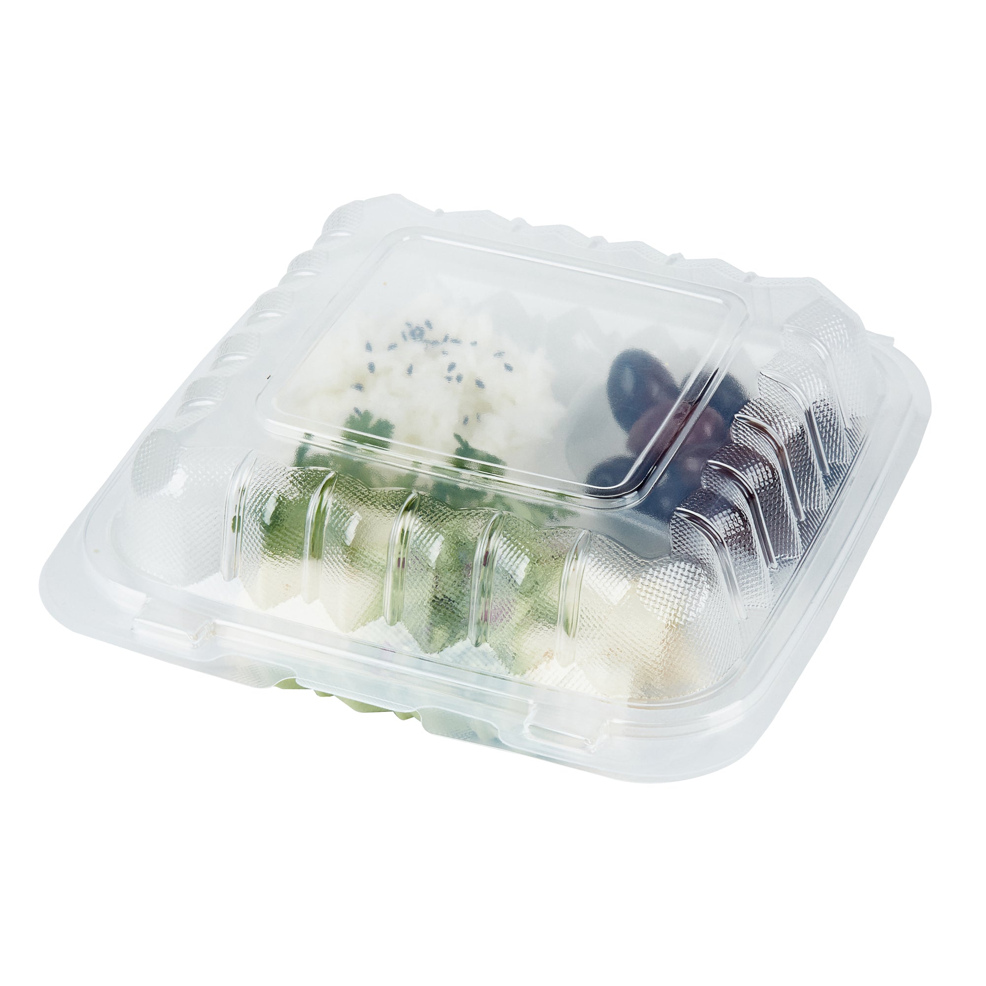 RW Base 30 oz Square Clear Plastic Clamshell Container - 3 Compartments, Microwavable - 7 1/2" x 7 1/2" x 2 3/4" - 100 count box