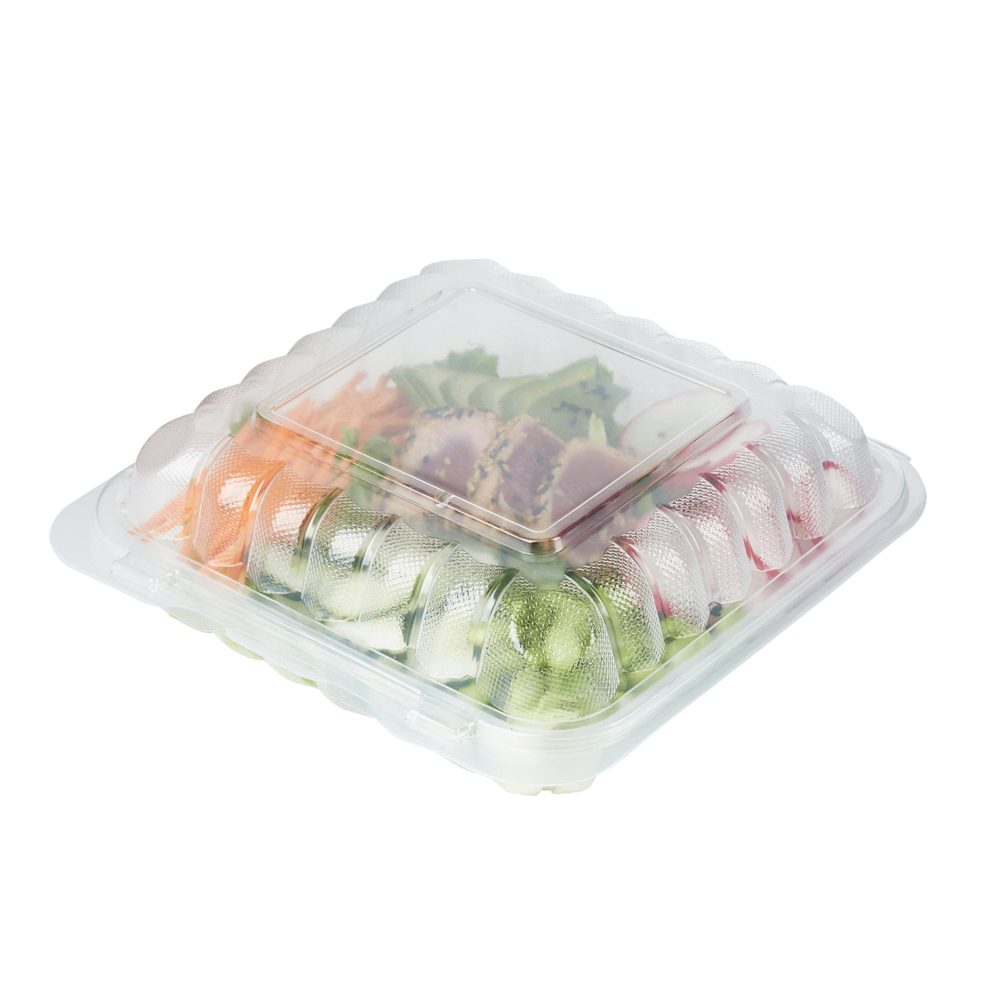 RW Base 34 oz Square Clear Plastic Clamshell Container - Microwavable - 8" x 8" x 3" - 100 count box