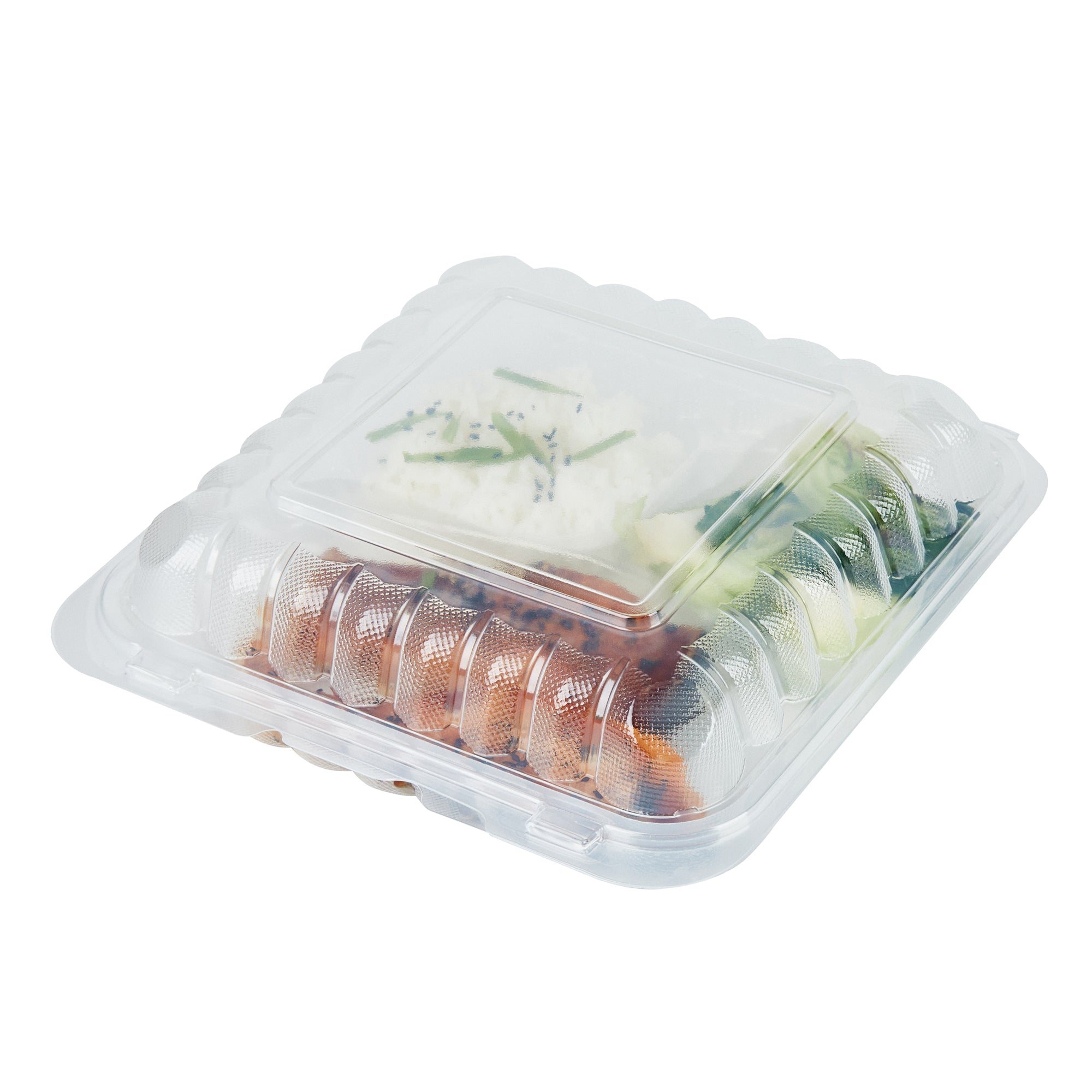 RW Base 40 oz Square Clear Plastic Clamshell Container - 3 Compartments, Microwavable - 9" x 9" x 3" - 100 count box