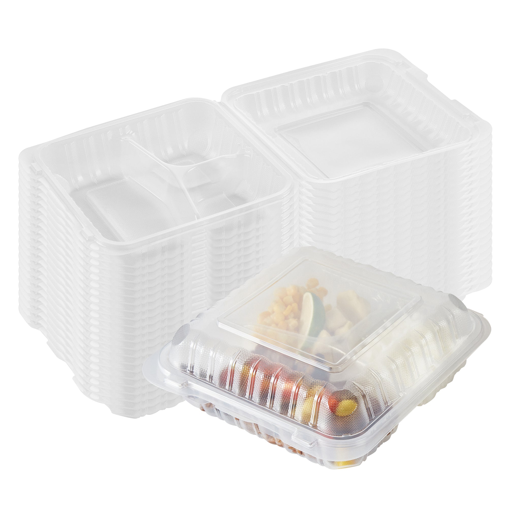 RW Base 47 oz Square Clear Plastic Clamshell Container - 3 Compartments, Microwavable - 9" x 9" x 3 1/2" - 100 count box