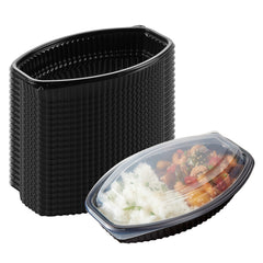 RW Base 21 oz Oval Black Plastic Food Container - with Clear Lid, Microwavable - 9 1/4