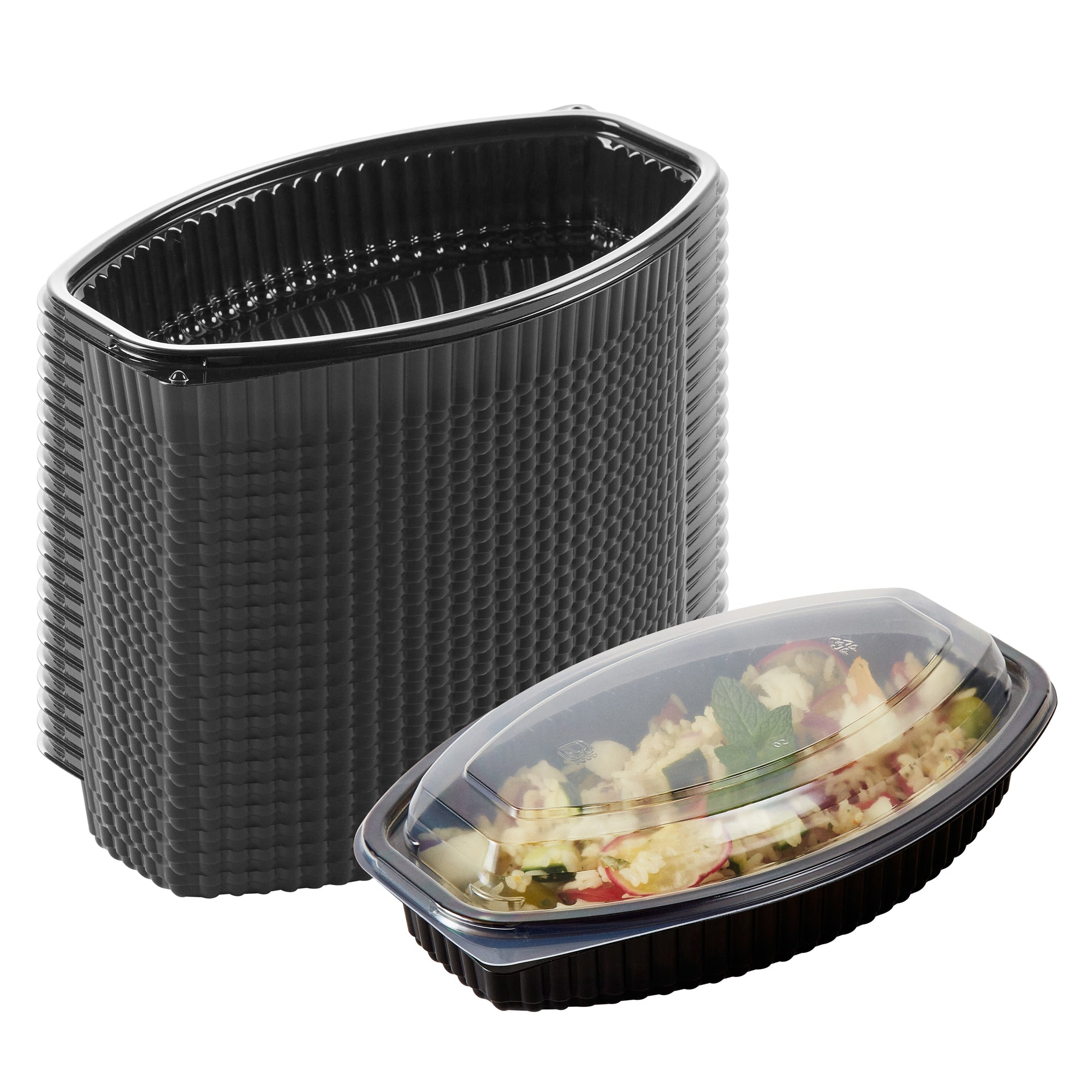 RW Base 24 oz Oval Black Plastic Food Container - with Clear Lid, Microwavable - 9 1/4" x 5 3/4" x 2 1/2" - 100 count box