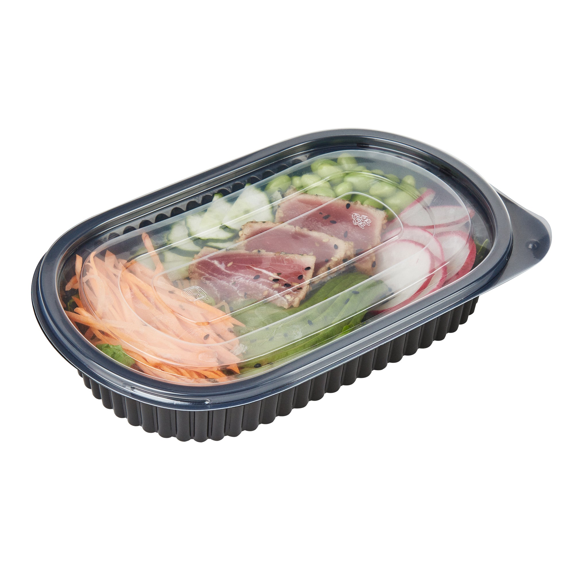 RW Base 25 oz Oval Black Plastic Food Container - with Clear Flat Lid, Microwavable - 9 1/4" x 6" x 1 3/4" - 100 count box