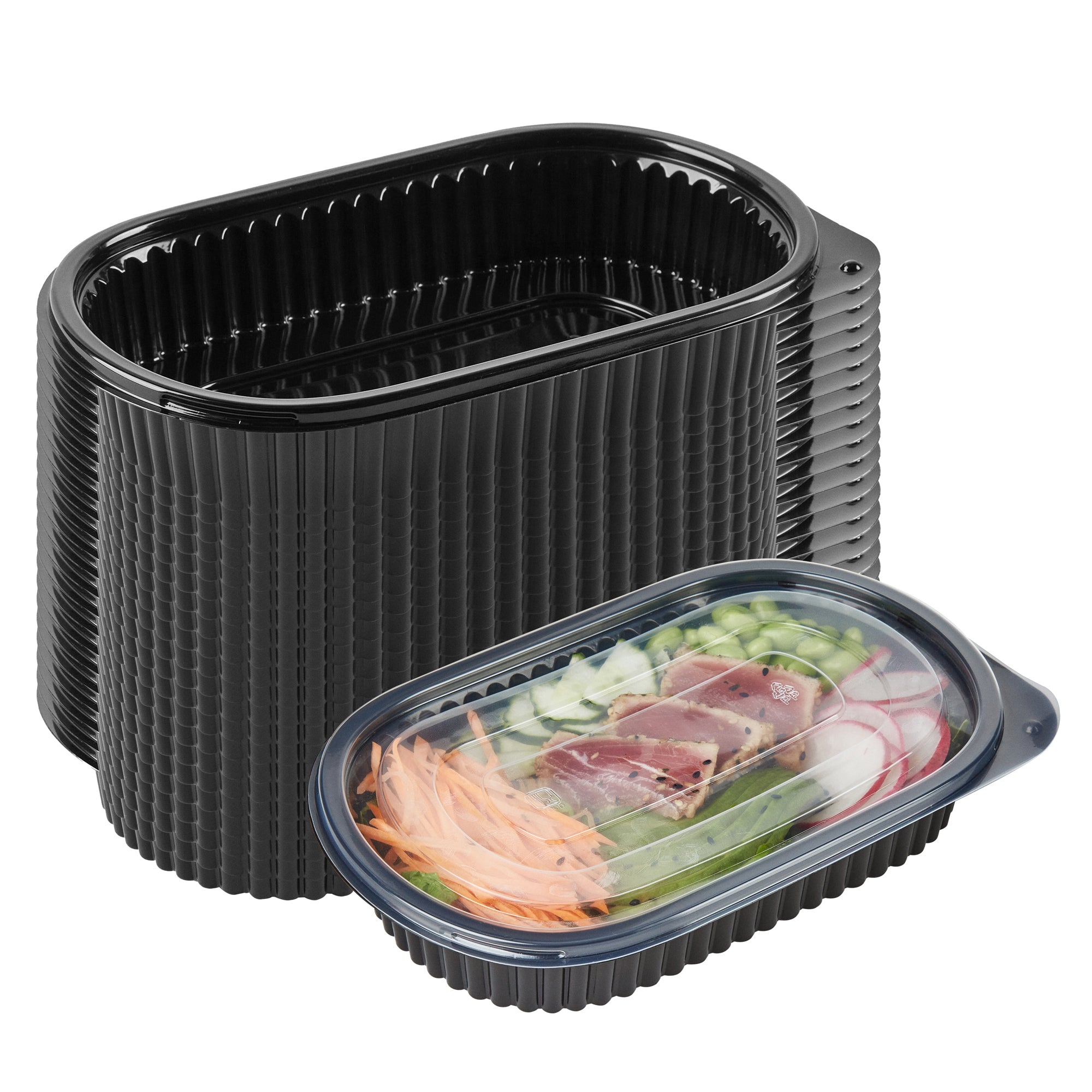 RW Base 25 oz Oval Black Plastic Food Container - with Clear Flat Lid, Microwavable - 9 1/4" x 6" x 1 3/4" - 100 count box