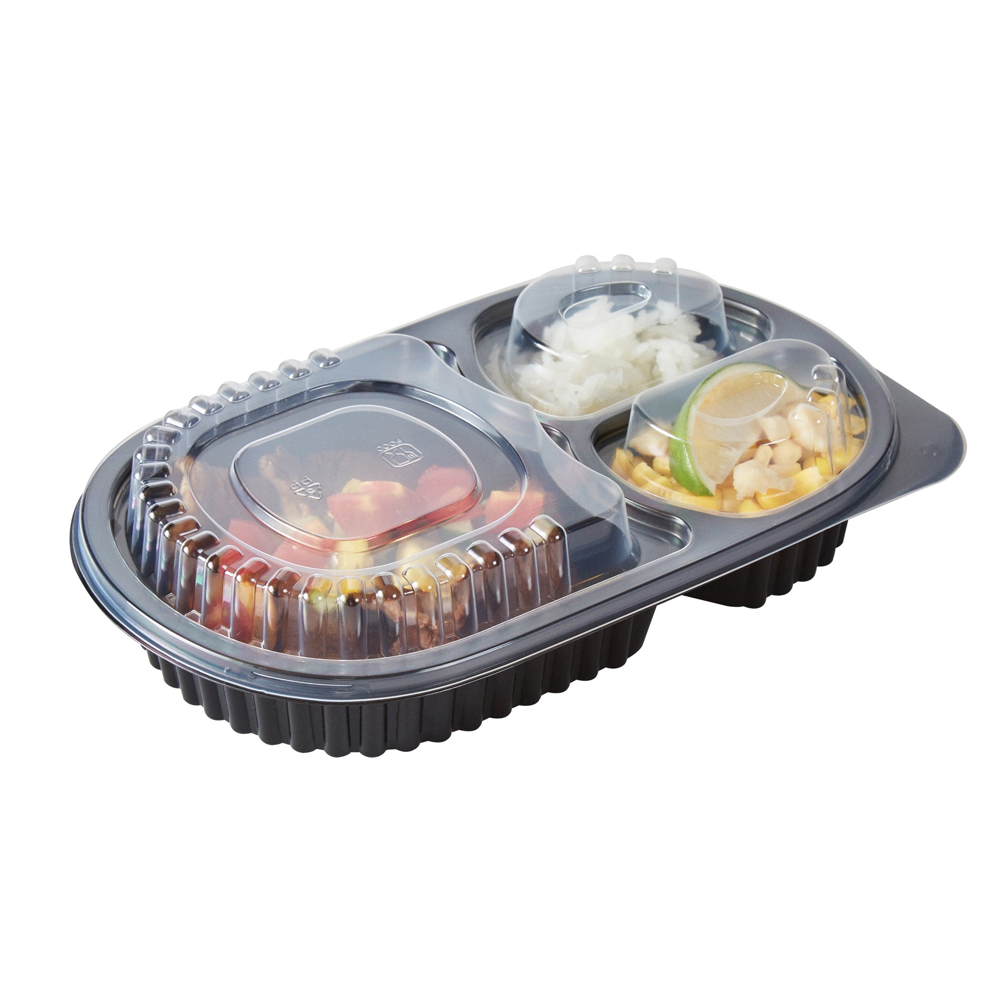 RW Base 19 oz Oval Black Plastic Food Container - with Clear Lid, 3 Compartments, Microwavable - 9 1/4" x 6" x 2 1/4" - 100 count box