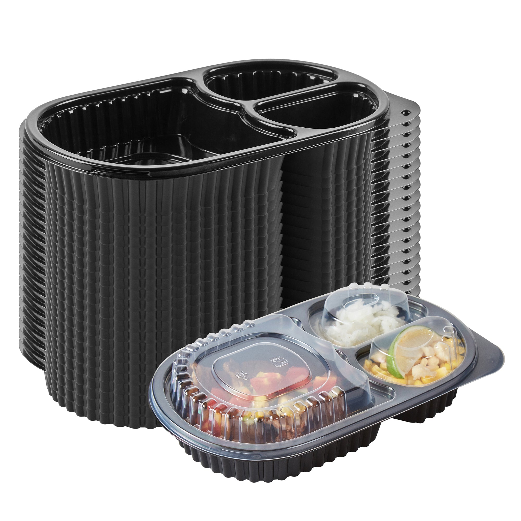 RW Base 19 oz Oval Black Plastic Food Container - with Clear Lid, 3 Compartments, Microwavable - 9 1/4" x 6" x 2 1/4" - 100 count box