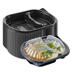 RW Base 28 oz Oval Black Plastic Food Container - with Clear Lid, 2 Compartments, Microwavable - 9 1/2